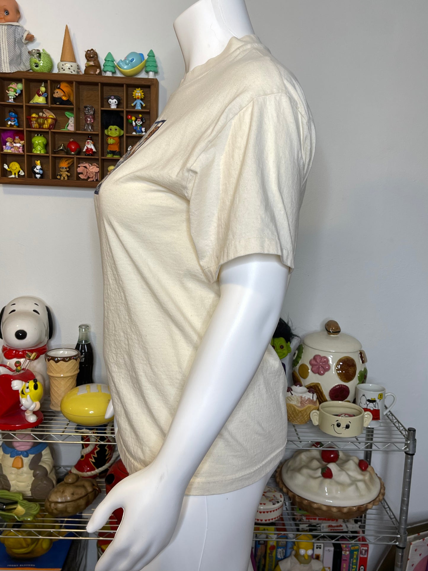 Vintage 90s Cat Patchwork Style Cream Tee Sz L