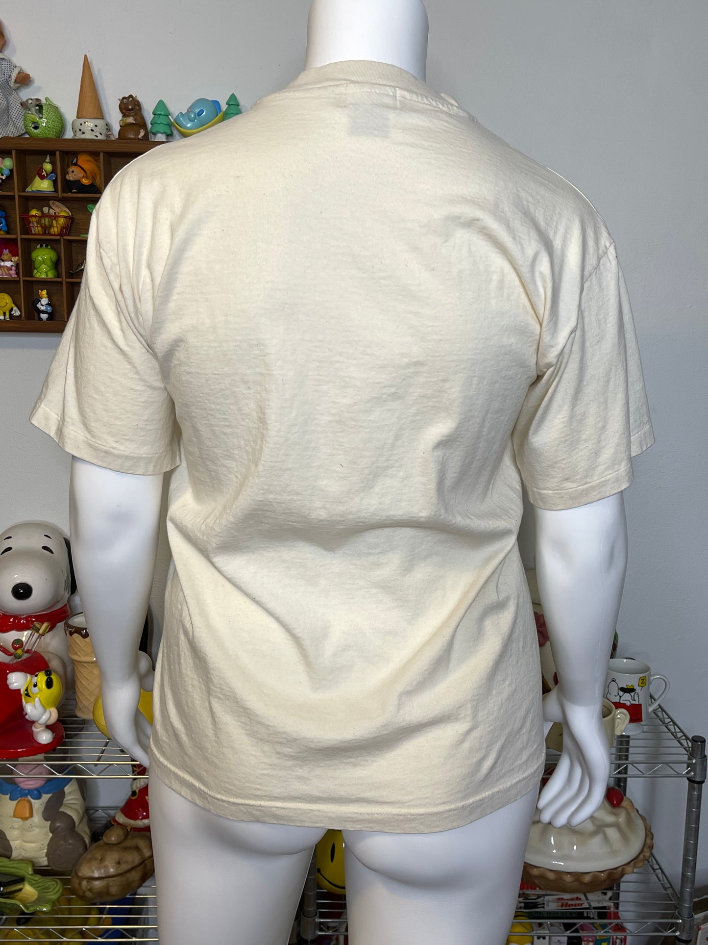 Vintage 90s Cat Patchwork Style Cream Tee Sz L