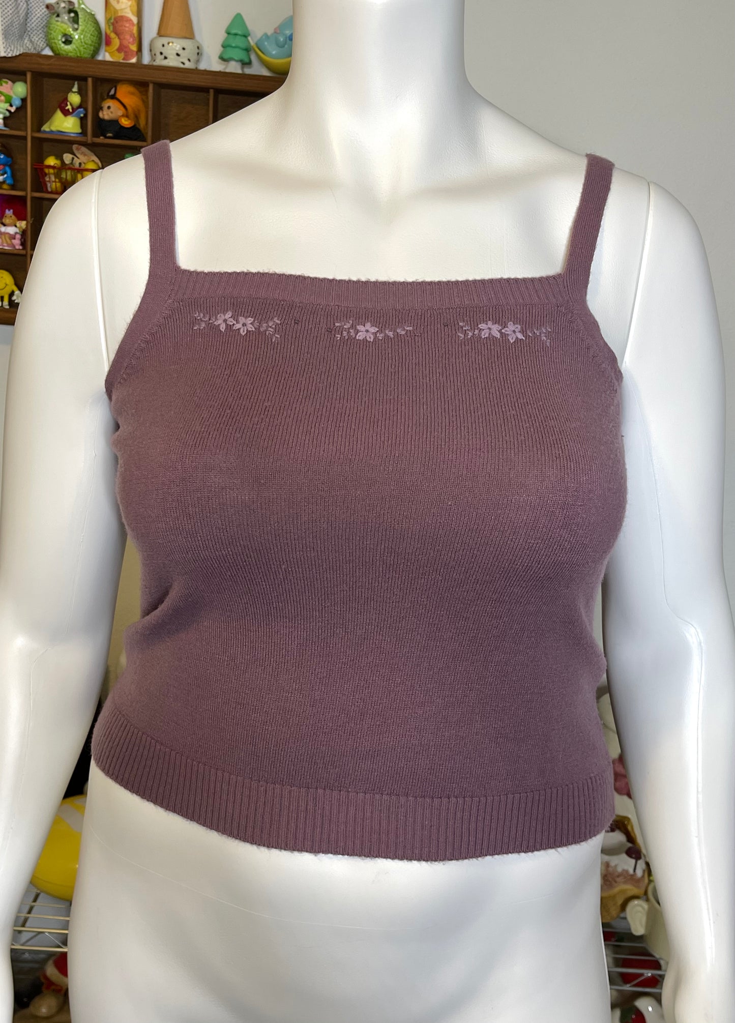Vintage Y2K Mauve Purple Flower Knit Cami Sz L