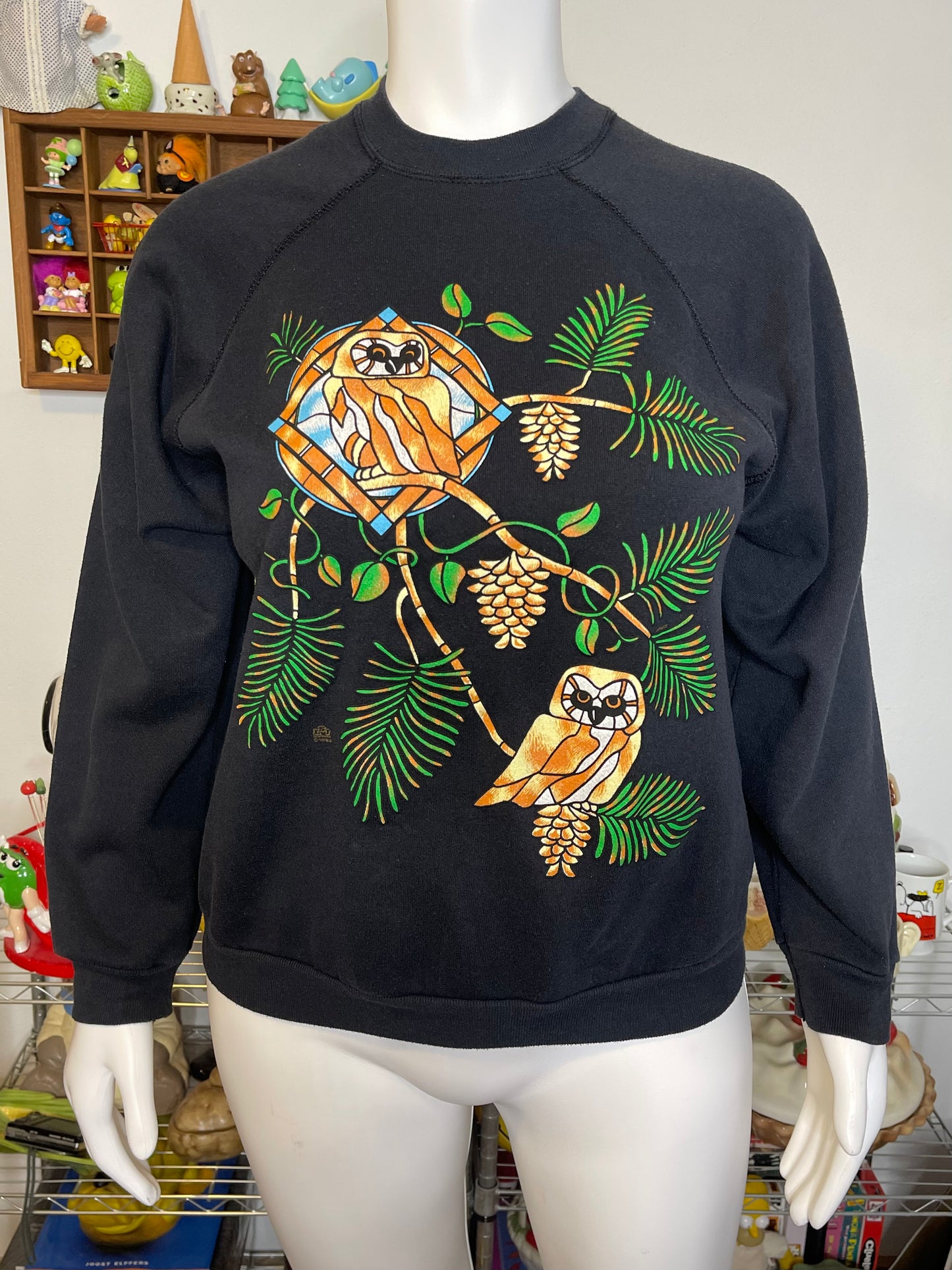 Vintage 90s Faded Black Owl Graphic Crewneck Sweater Sz XL