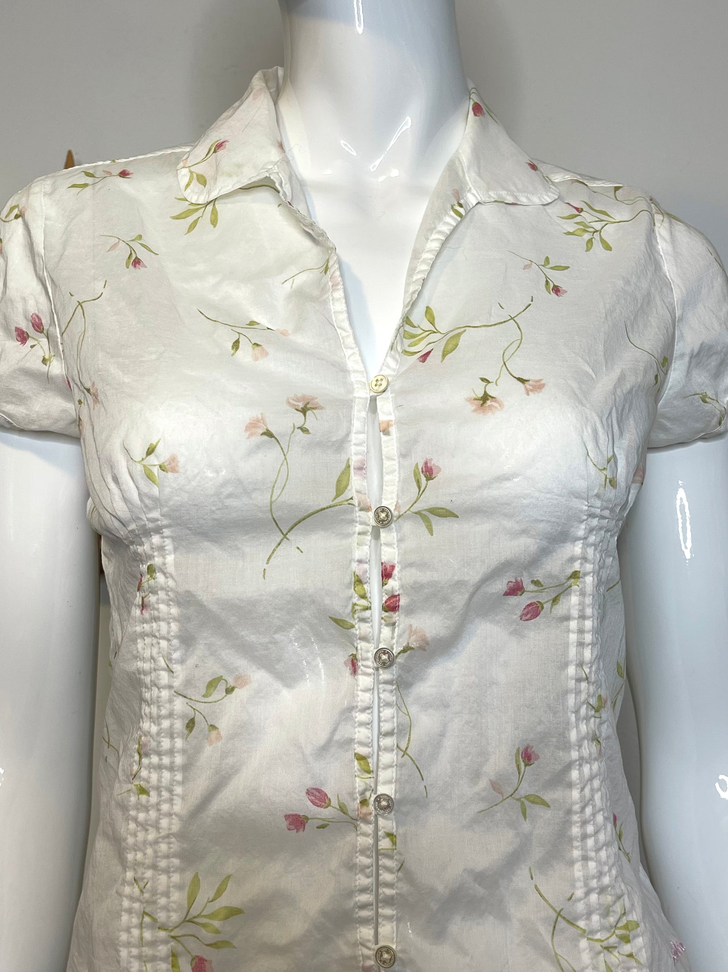 2000s Abercrombie Sheer Floral Print Button Blouse Sz XS/S
