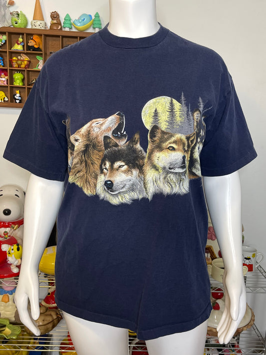 Vintage 90s Wolf Pack all Over Navy Blue Graphic Tee Sz XL