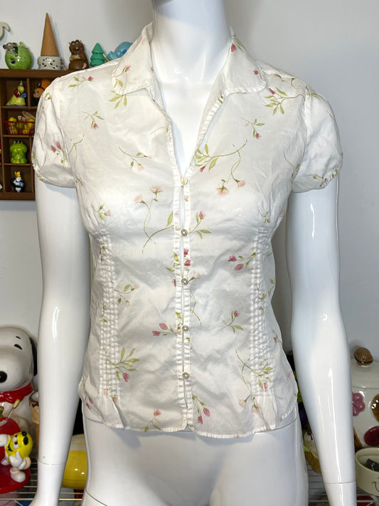 2000s Abercrombie Sheer Floral Print Button Blouse Sz XS/S