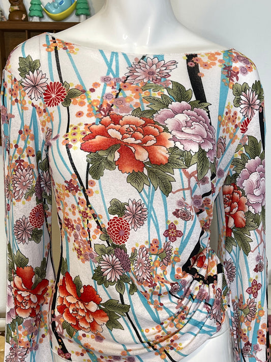 Vintage 2000s Floral Print Wide Sleeve Mirco Mesh Top Sz M