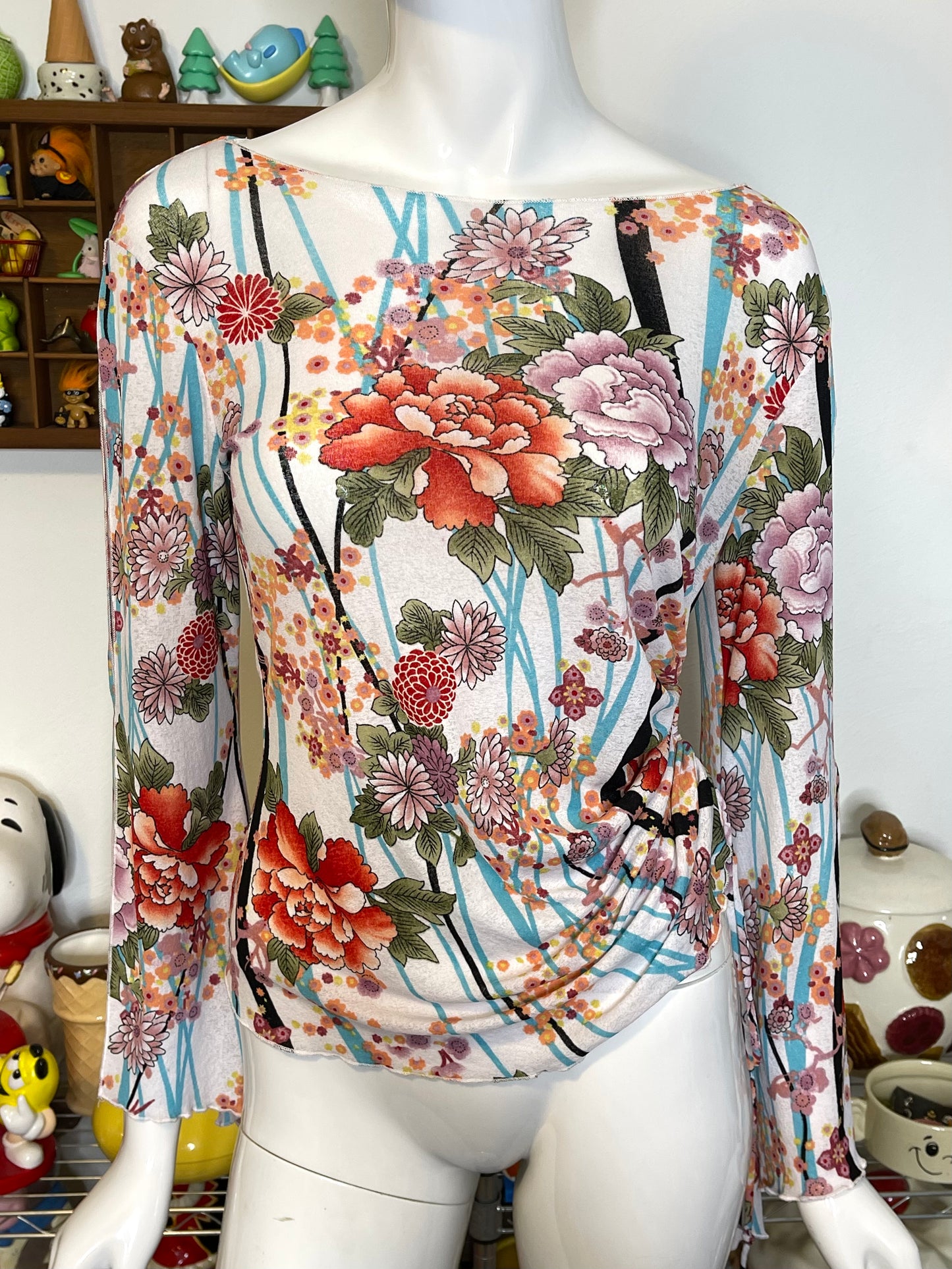 Vintage 2000s Floral Print Wide Sleeve Mirco Mesh Top Sz M