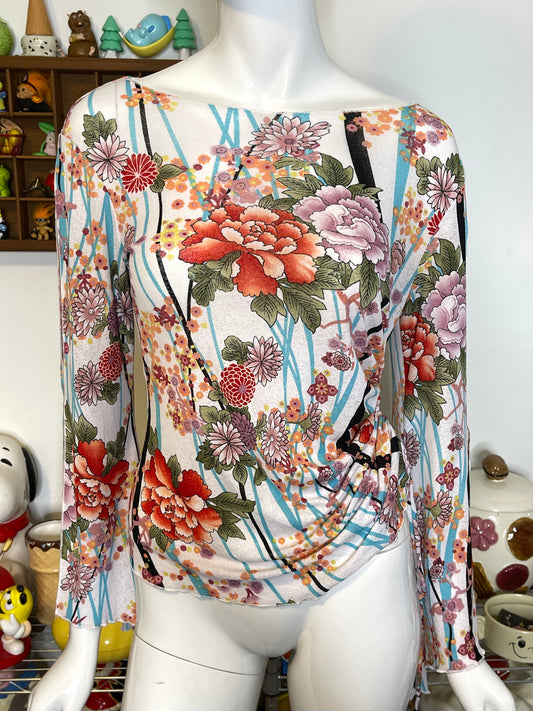 Vintage 2000s Floral Print Wide Sleeve Mirco Mesh Top Sz M