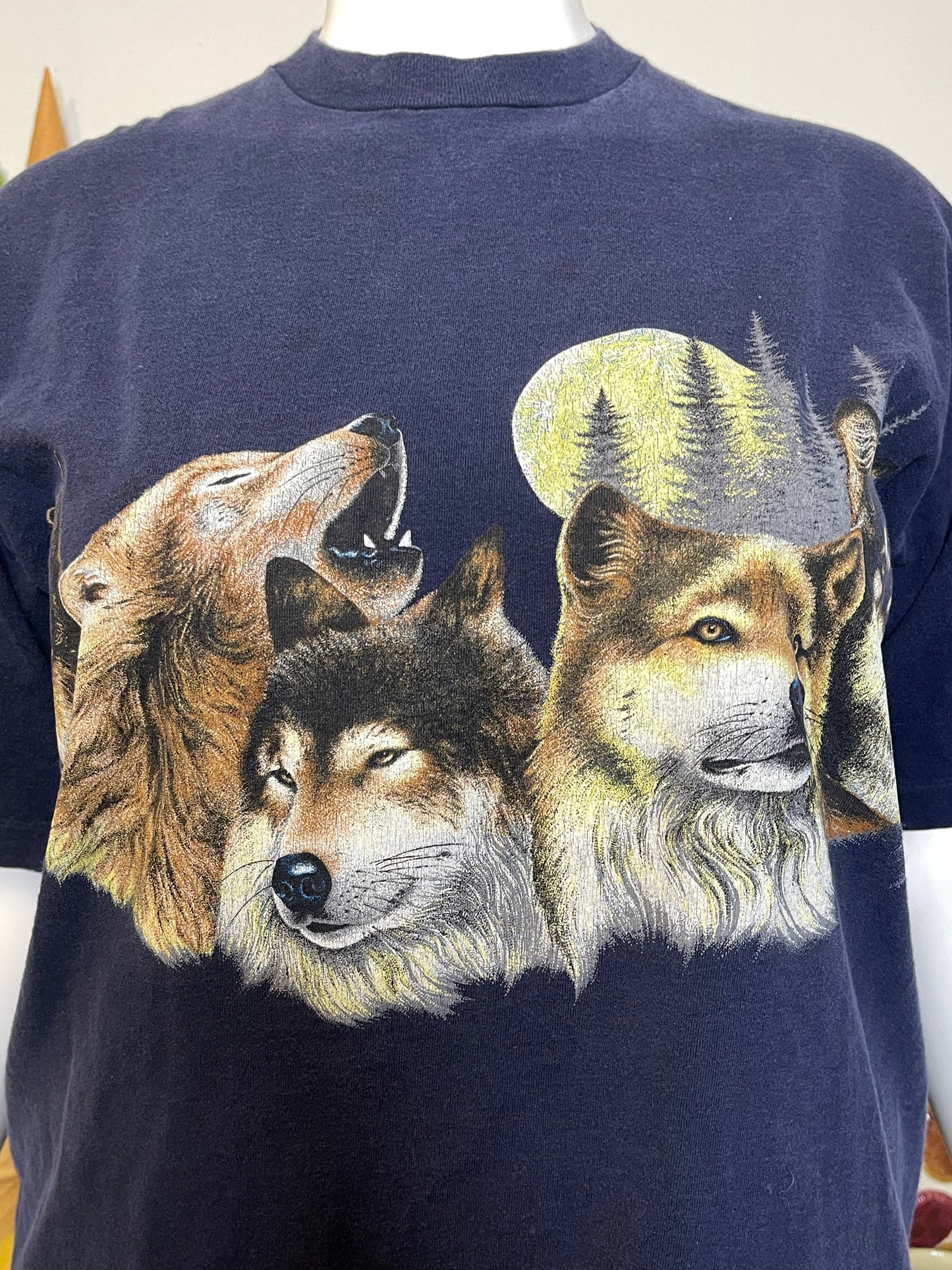 Vintage 90s Wolf Pack all Over Navy Blue Graphic Tee Sz XL