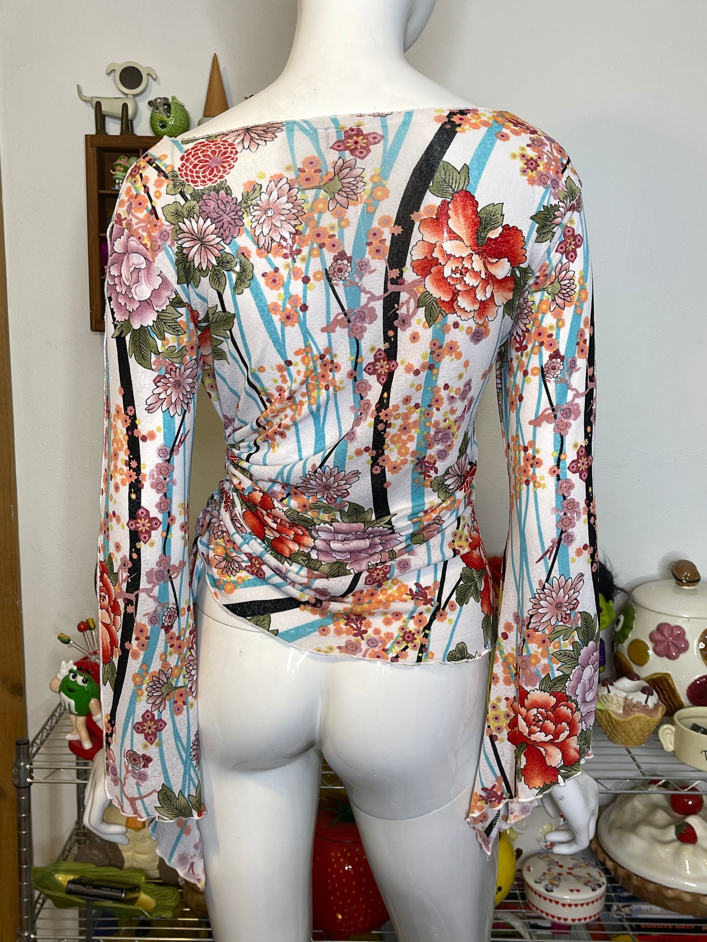 Vintage 2000s Floral Print Wide Sleeve Mirco Mesh Top Sz M