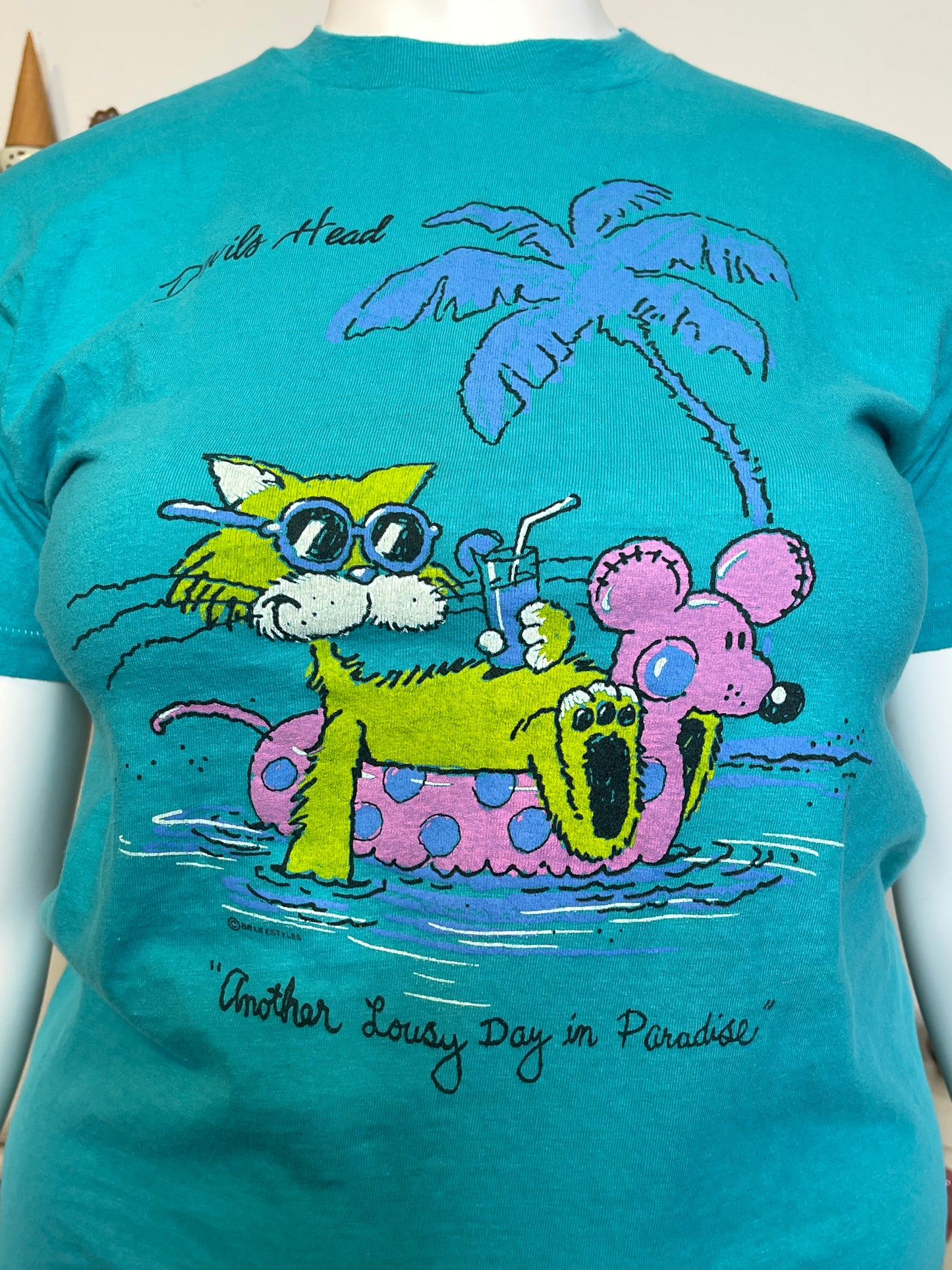 Vintage 80s Devils Head Relaxed Cat Vacation Graphic Tee Sz L