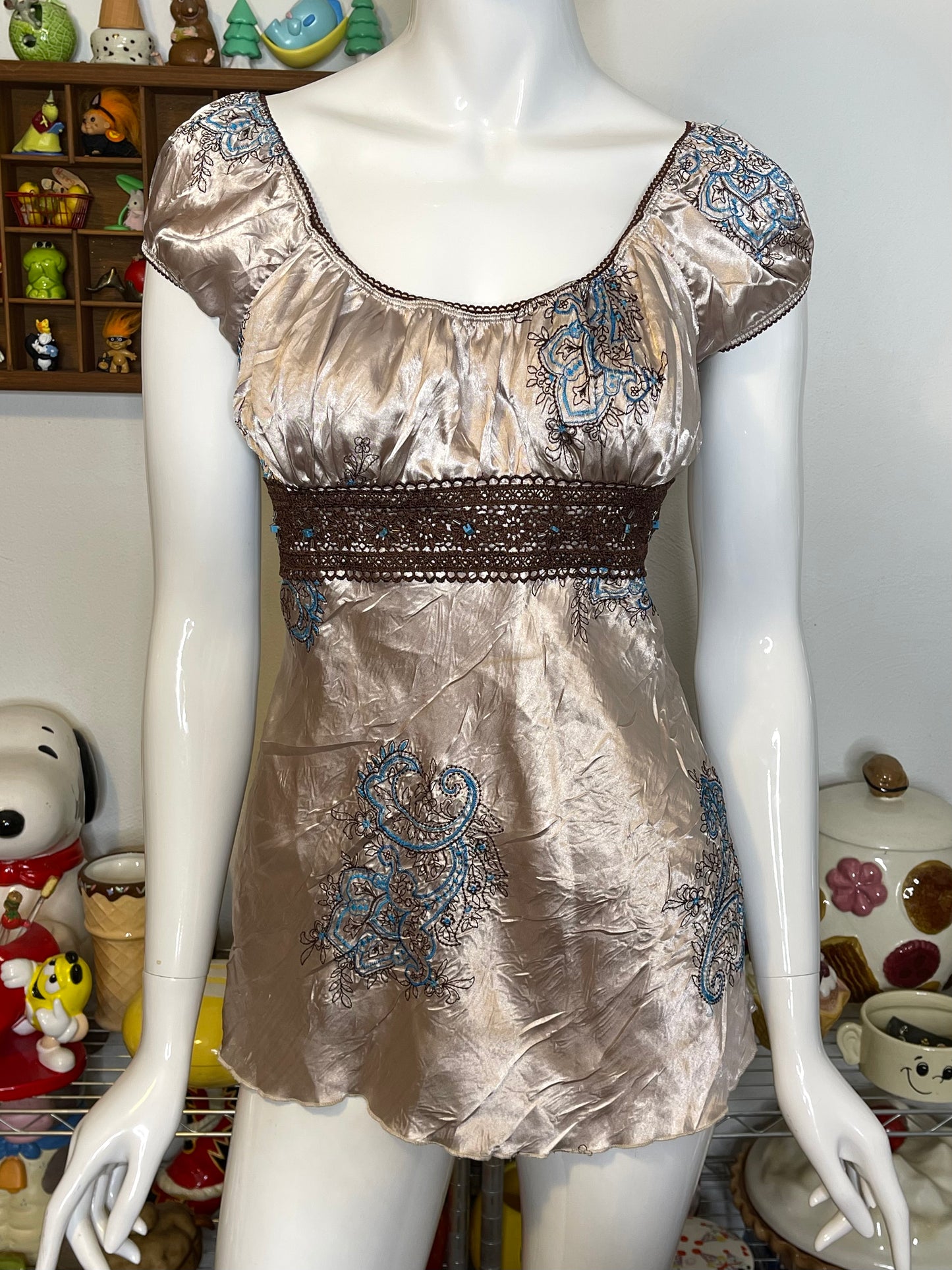 Y2K Crinkly Paisley Fairy Beaded Milkmaid Top Sz S/M