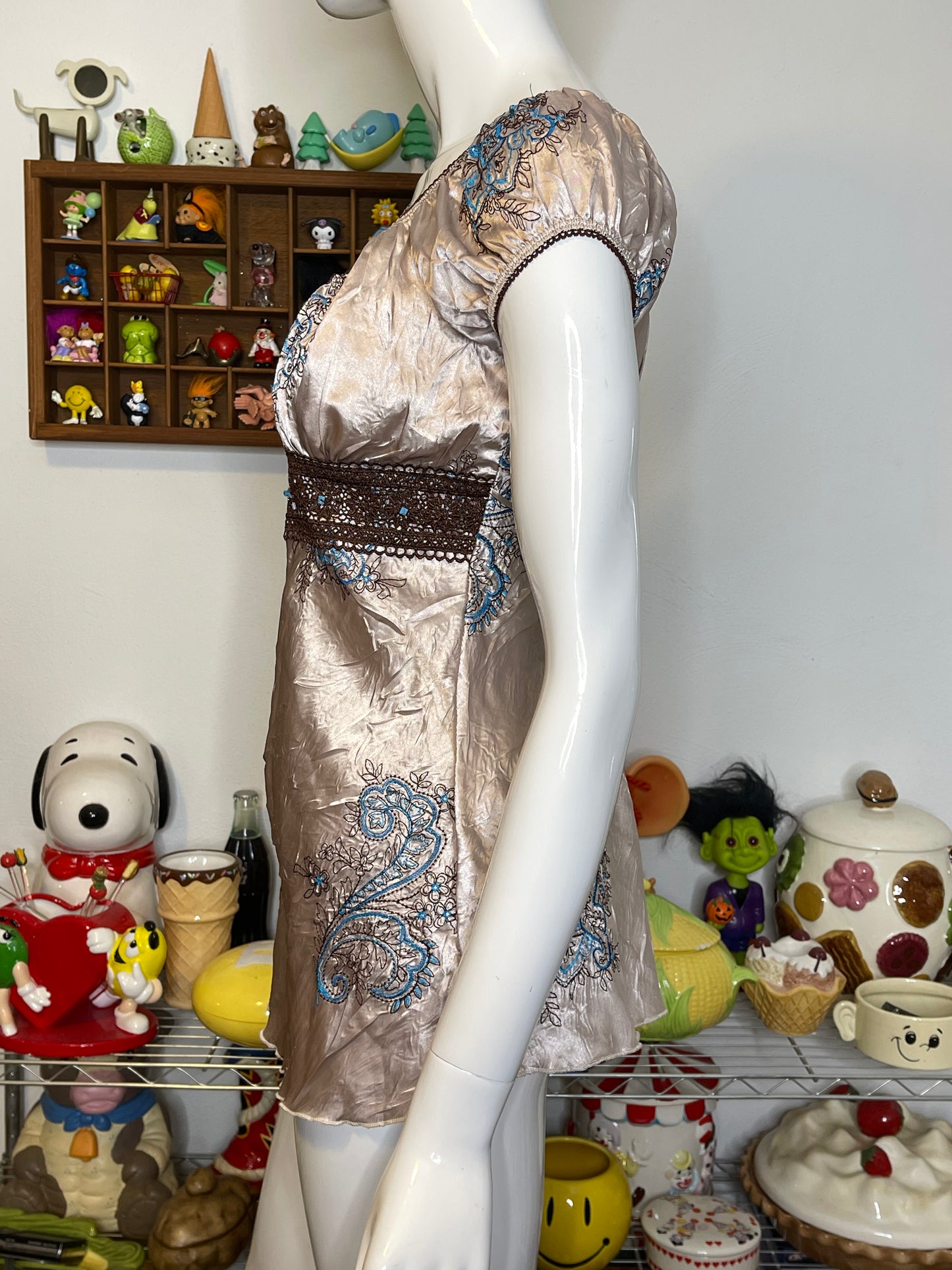 Y2K Crinkly Paisley Fairy Beaded Milkmaid Top Sz S/M