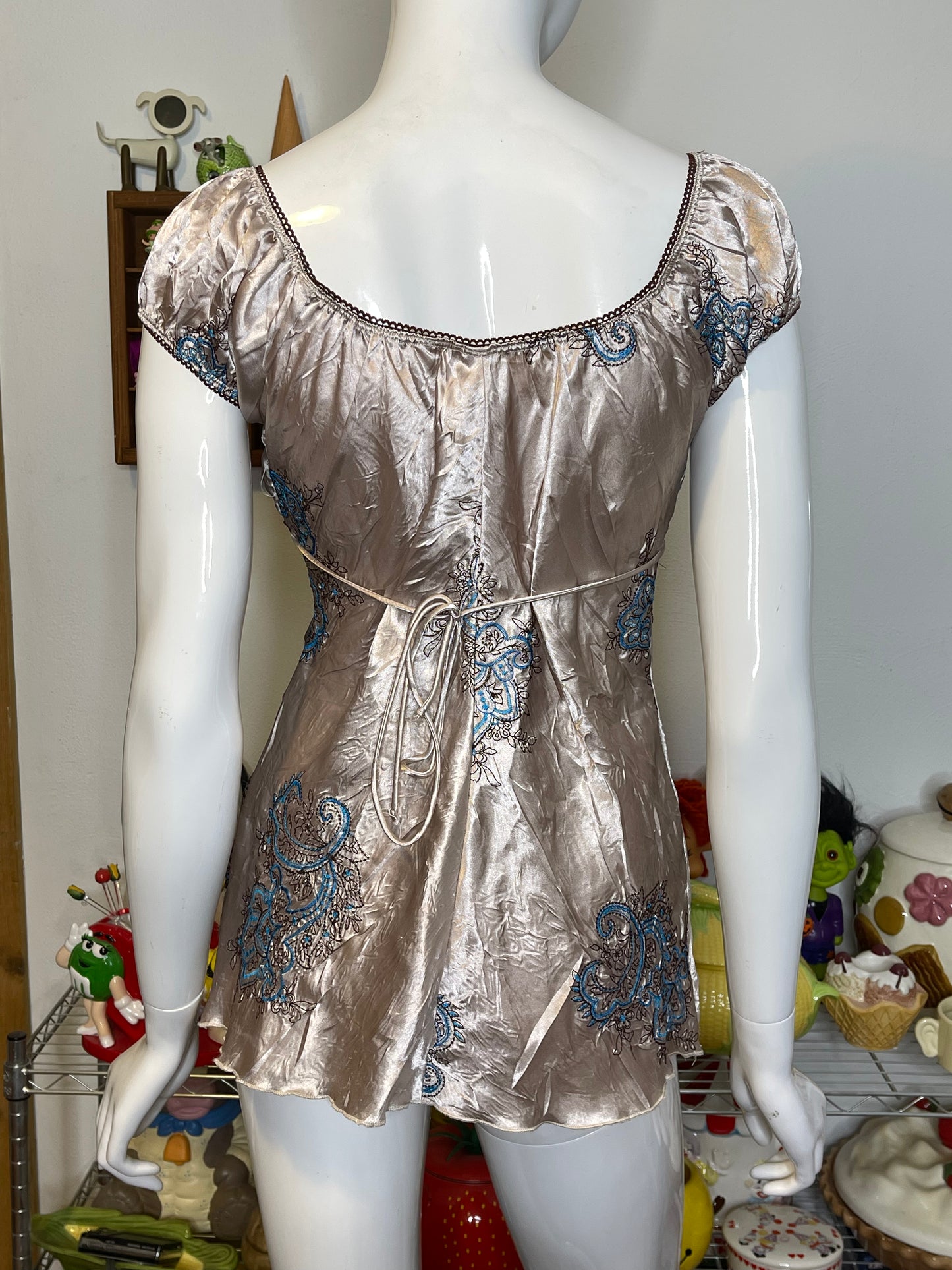 Y2K Crinkly Paisley Fairy Beaded Milkmaid Top Sz S/M