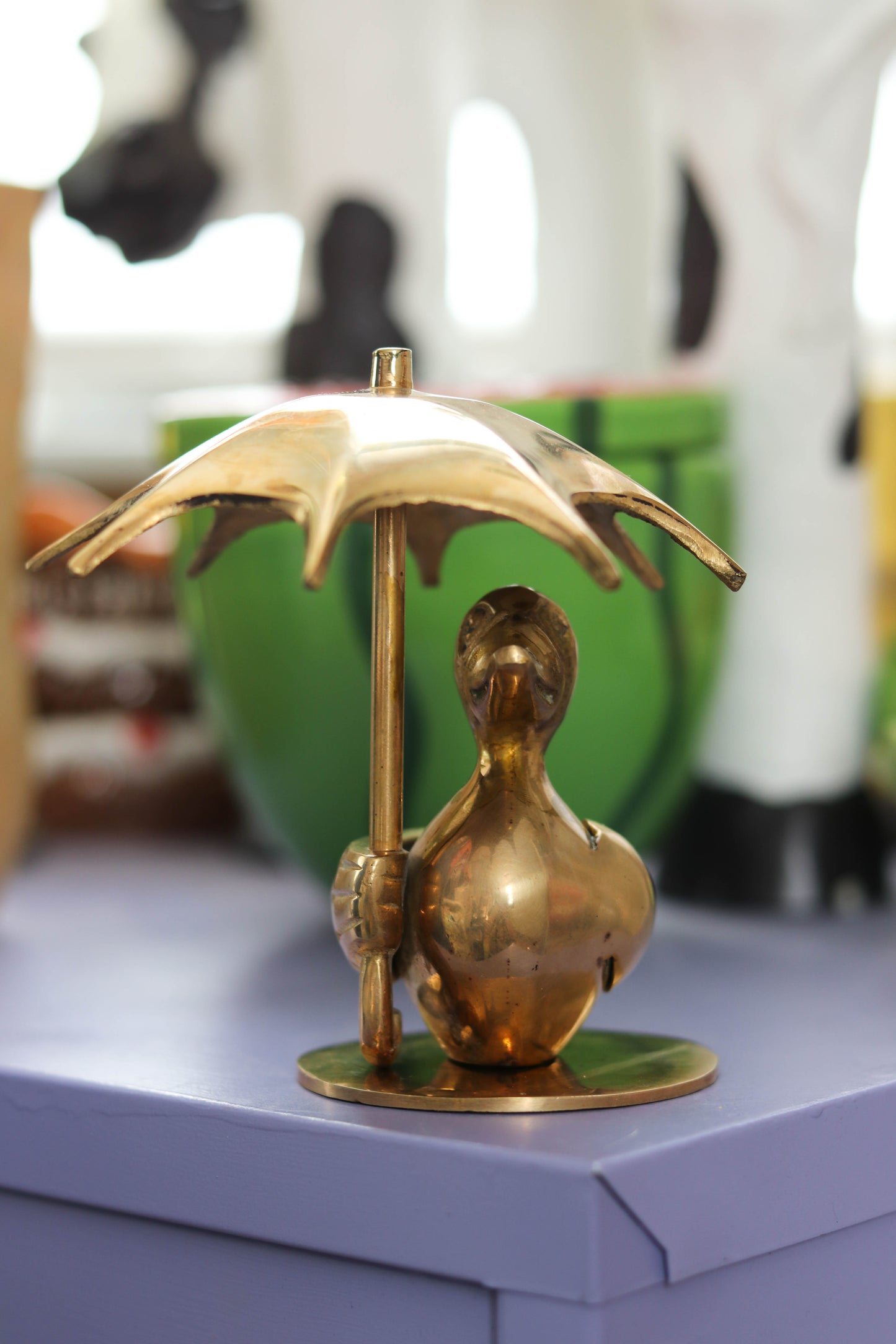 Vintage Solid Brass Duck Holding Umbrella Figurine (A)