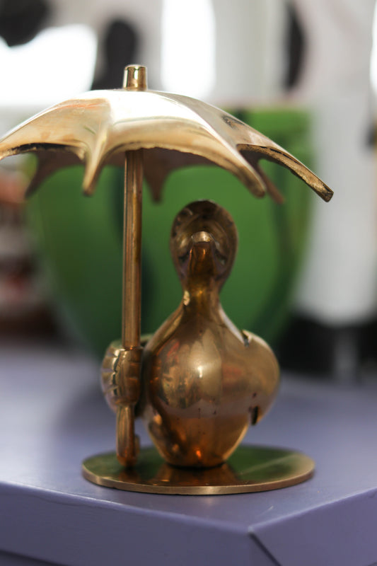 Vintage Solid Brass Duck Holding Umbrella Figurine (A)