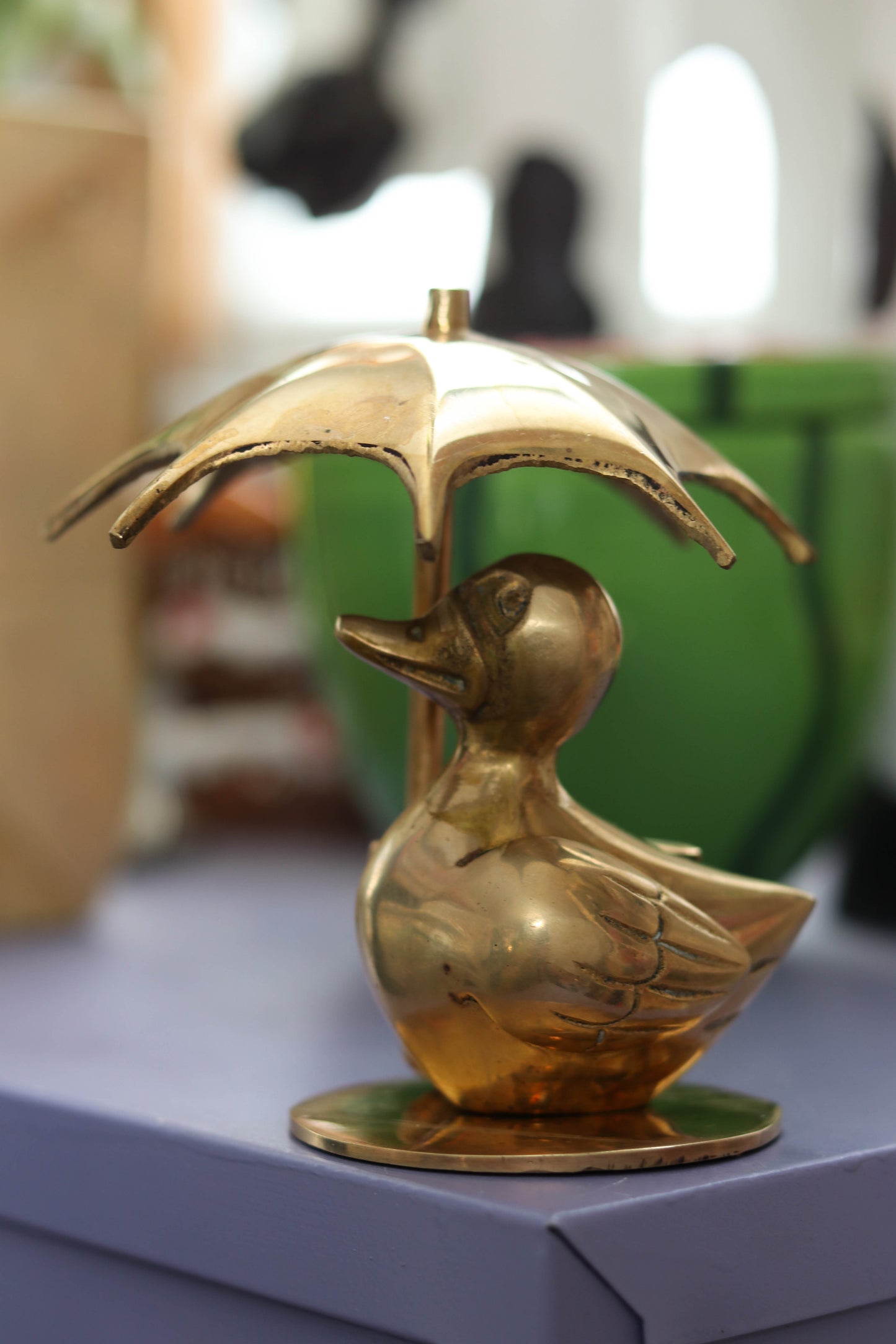 Vintage Solid Brass Duck Holding Umbrella Figurine (A)