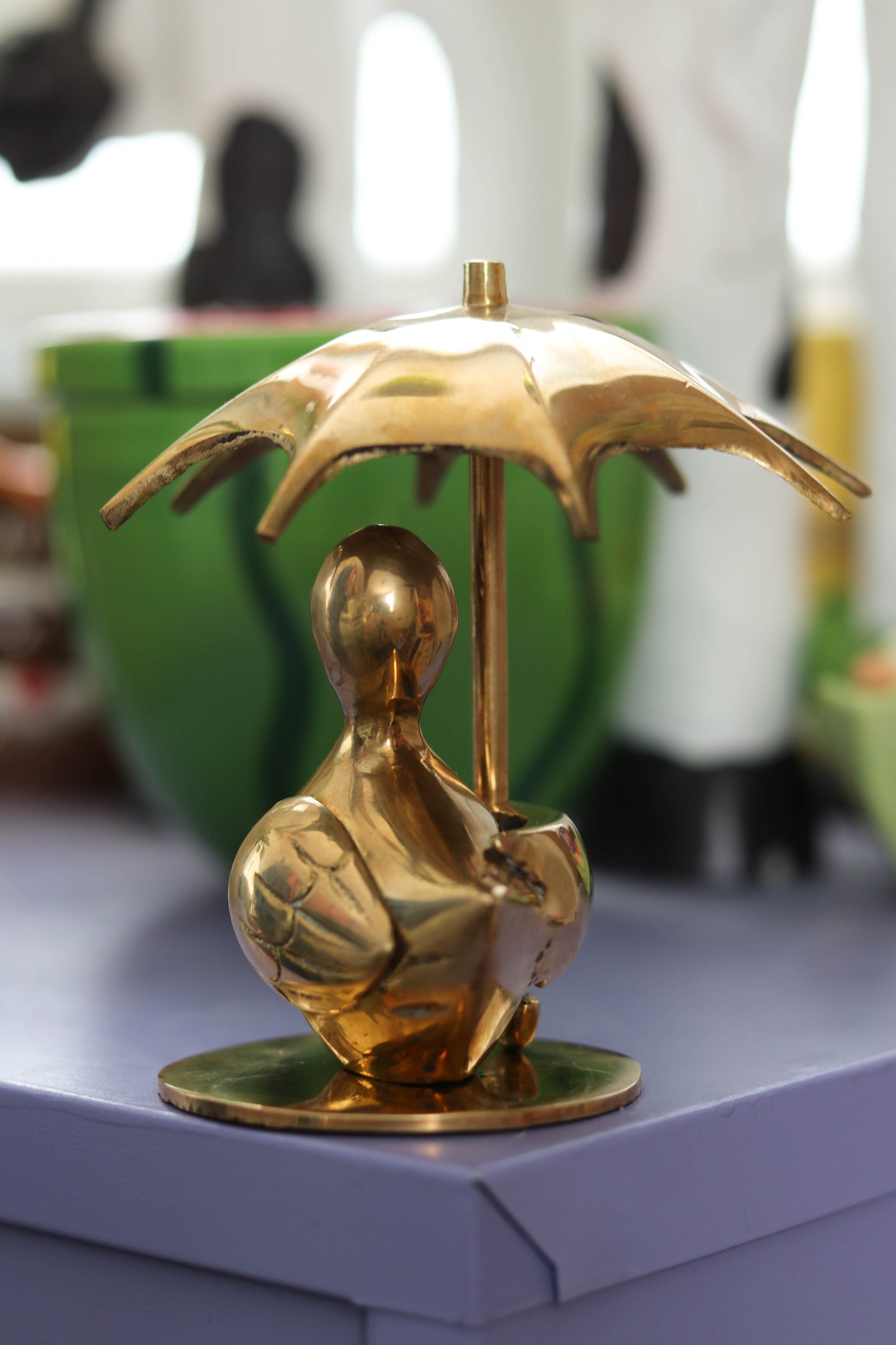 Vintage Solid Brass Duck Holding Umbrella Figurine (A)