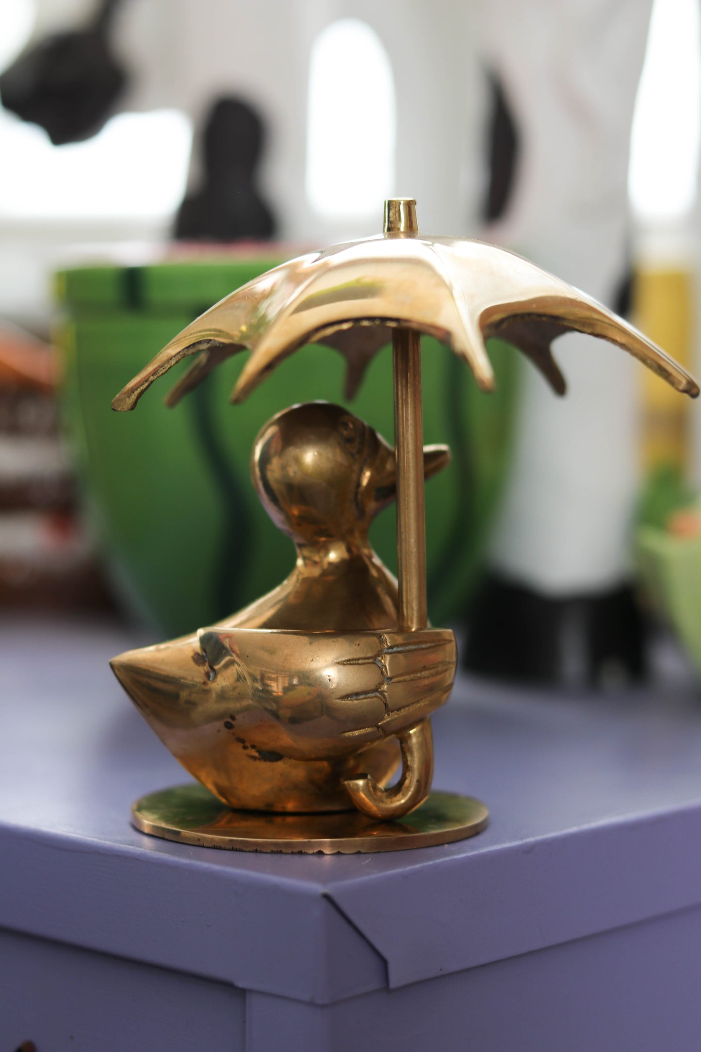 Vintage Solid Brass Duck Holding Umbrella Figurine (A)