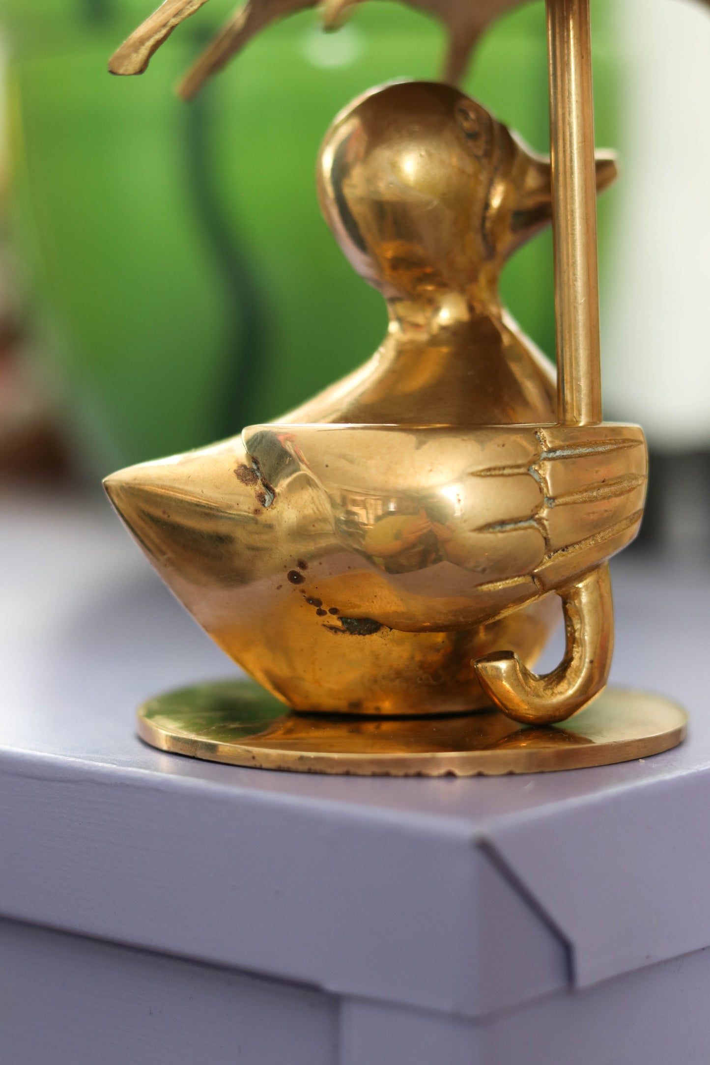 Vintage Solid Brass Duck Holding Umbrella Figurine (A)