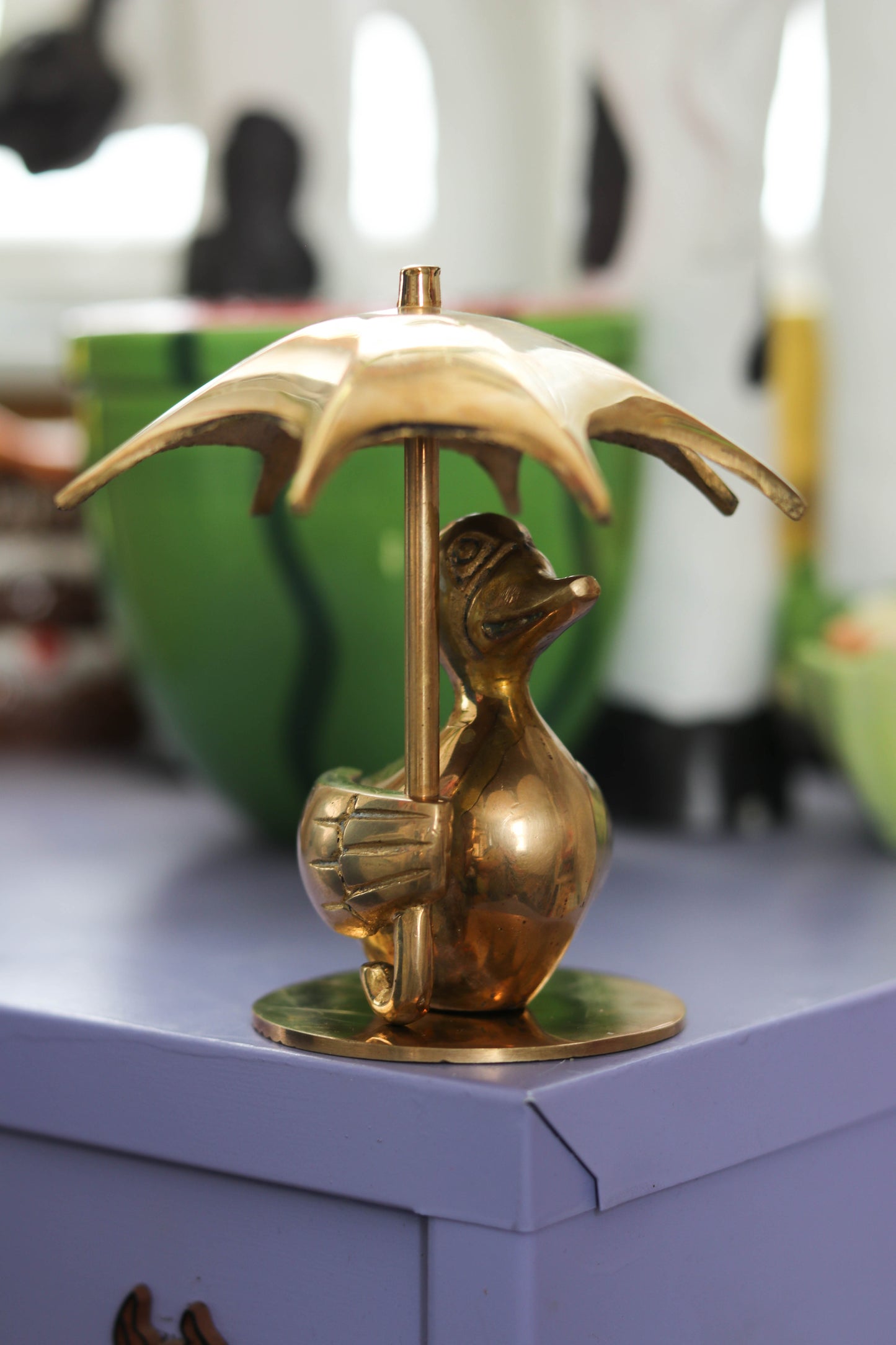 Vintage Solid Brass Duck Holding Umbrella Figurine (A)