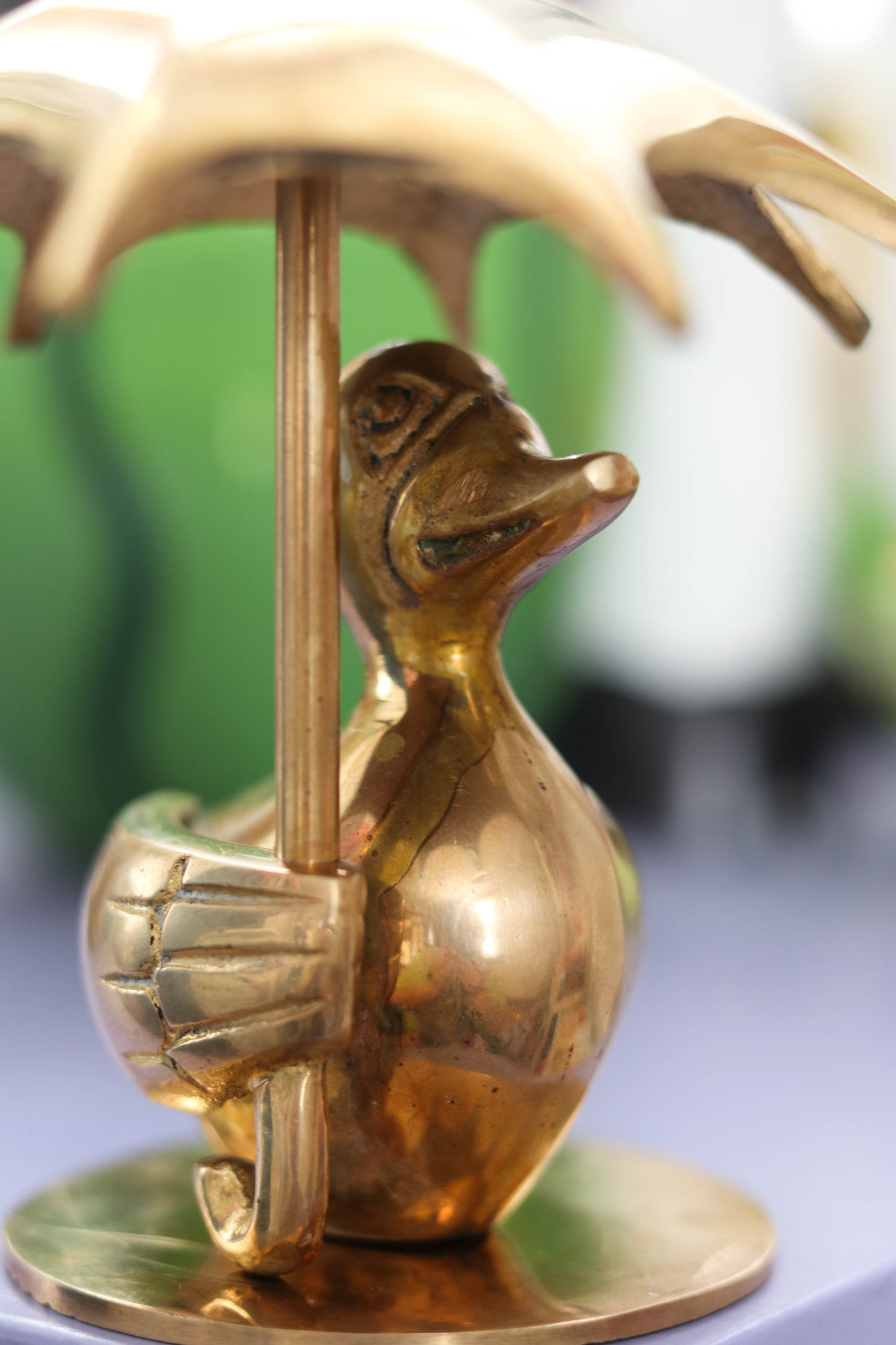 Vintage Solid Brass Duck Holding Umbrella Figurine (A)