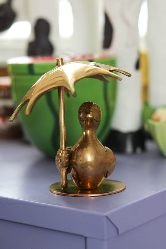 Vintage Solid Brass Duck Holding Umbrella Figurine (B)