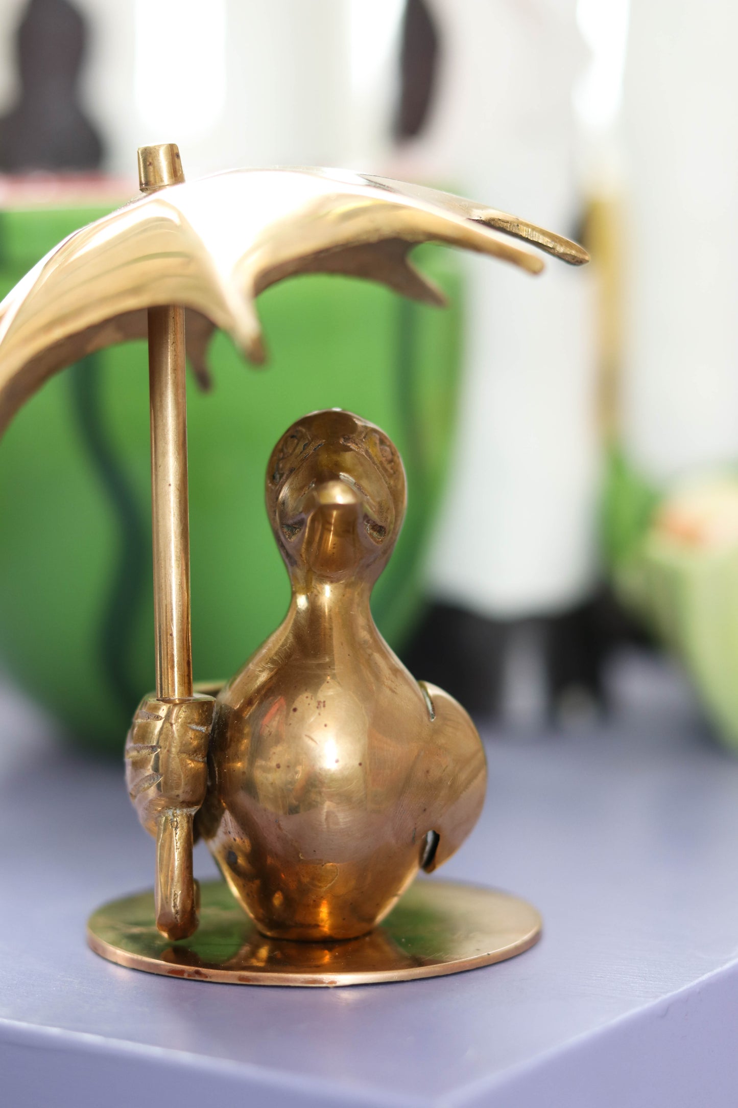 Vintage Solid Brass Duck Holding Umbrella Figurine (B)