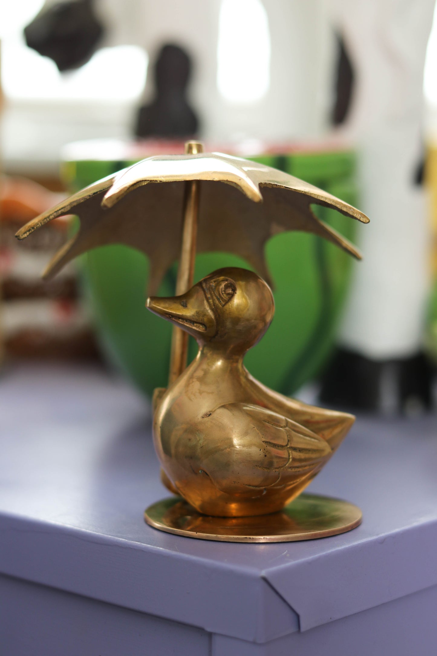 Vintage Solid Brass Duck Holding Umbrella Figurine (B)