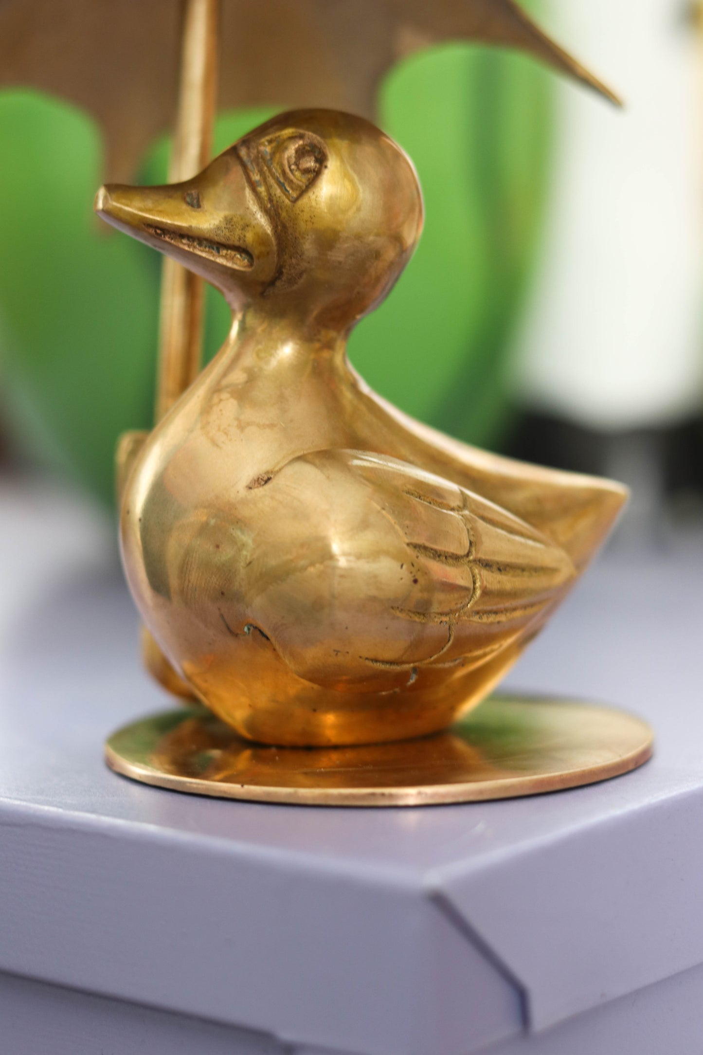 Vintage Solid Brass Duck Holding Umbrella Figurine (B)