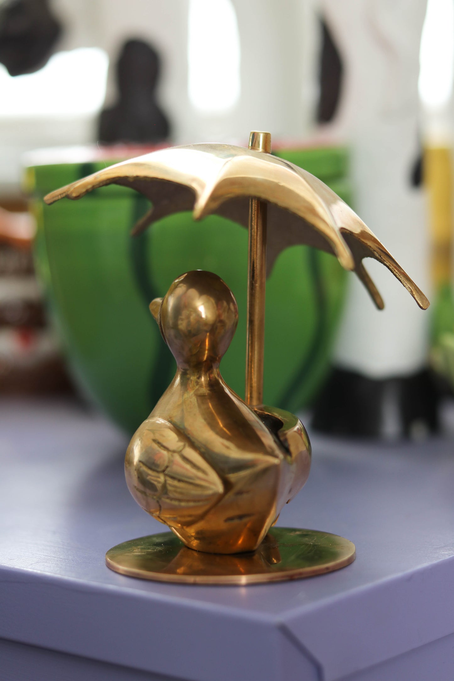 Vintage Solid Brass Duck Holding Umbrella Figurine (B)