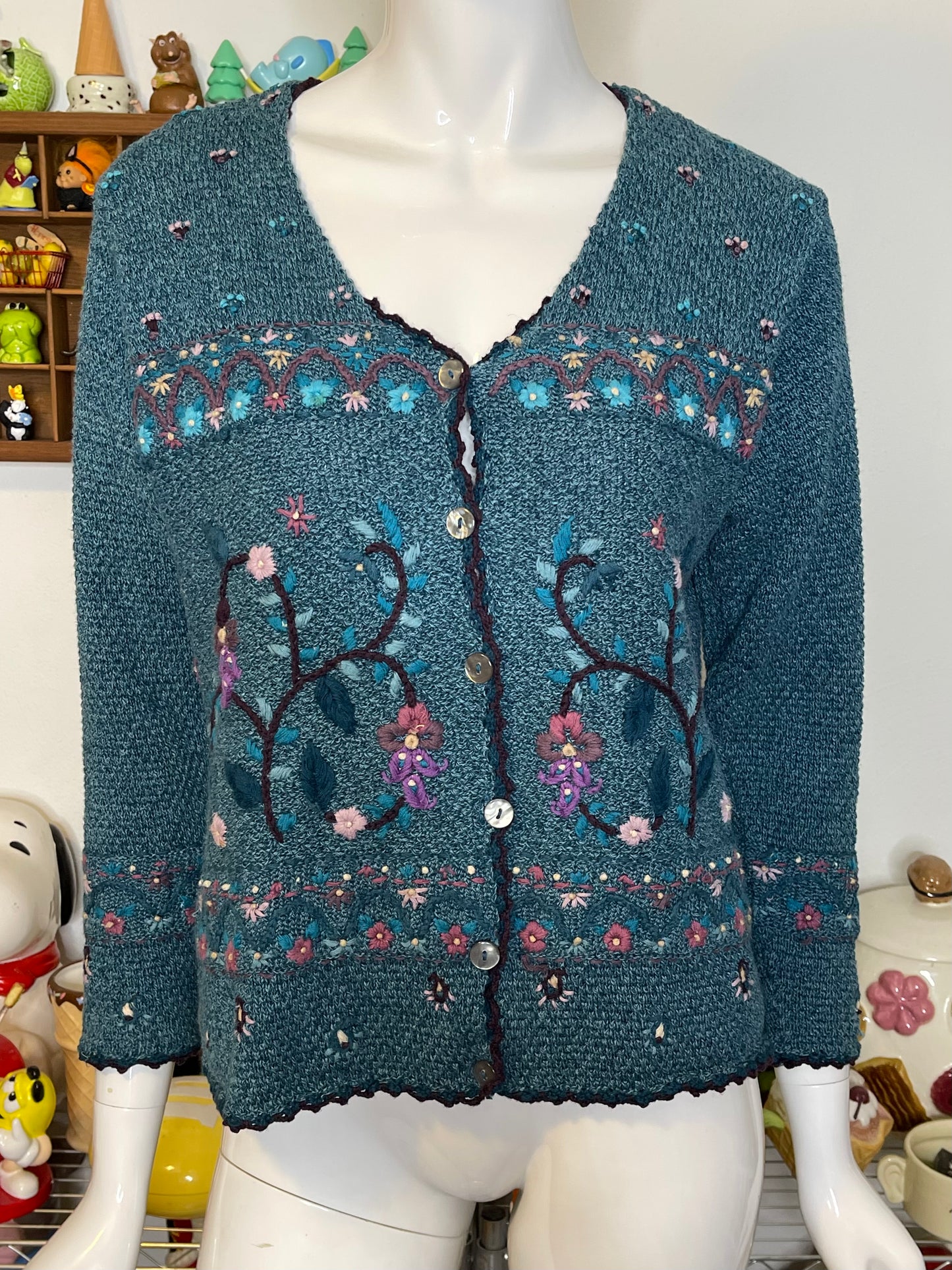 Vintage 2000s Blue Flower Knit Cardigan Sz XS/P
