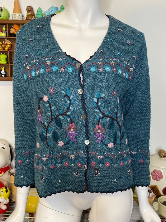 Vintage 2000s Blue Flower Knit Cardigan Sz XS/P
