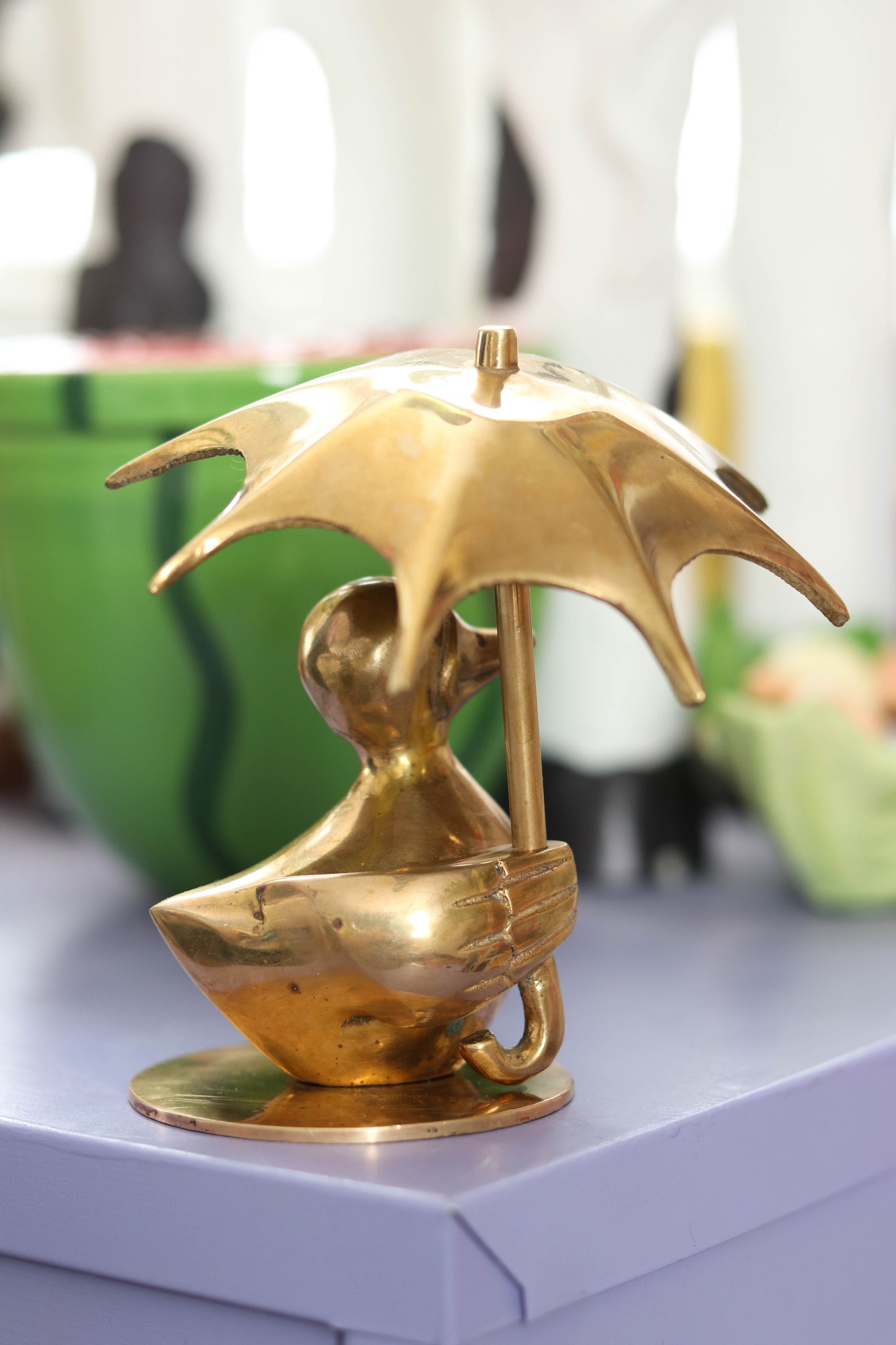 Vintage Solid Brass Duck Holding Umbrella Figurine (B)