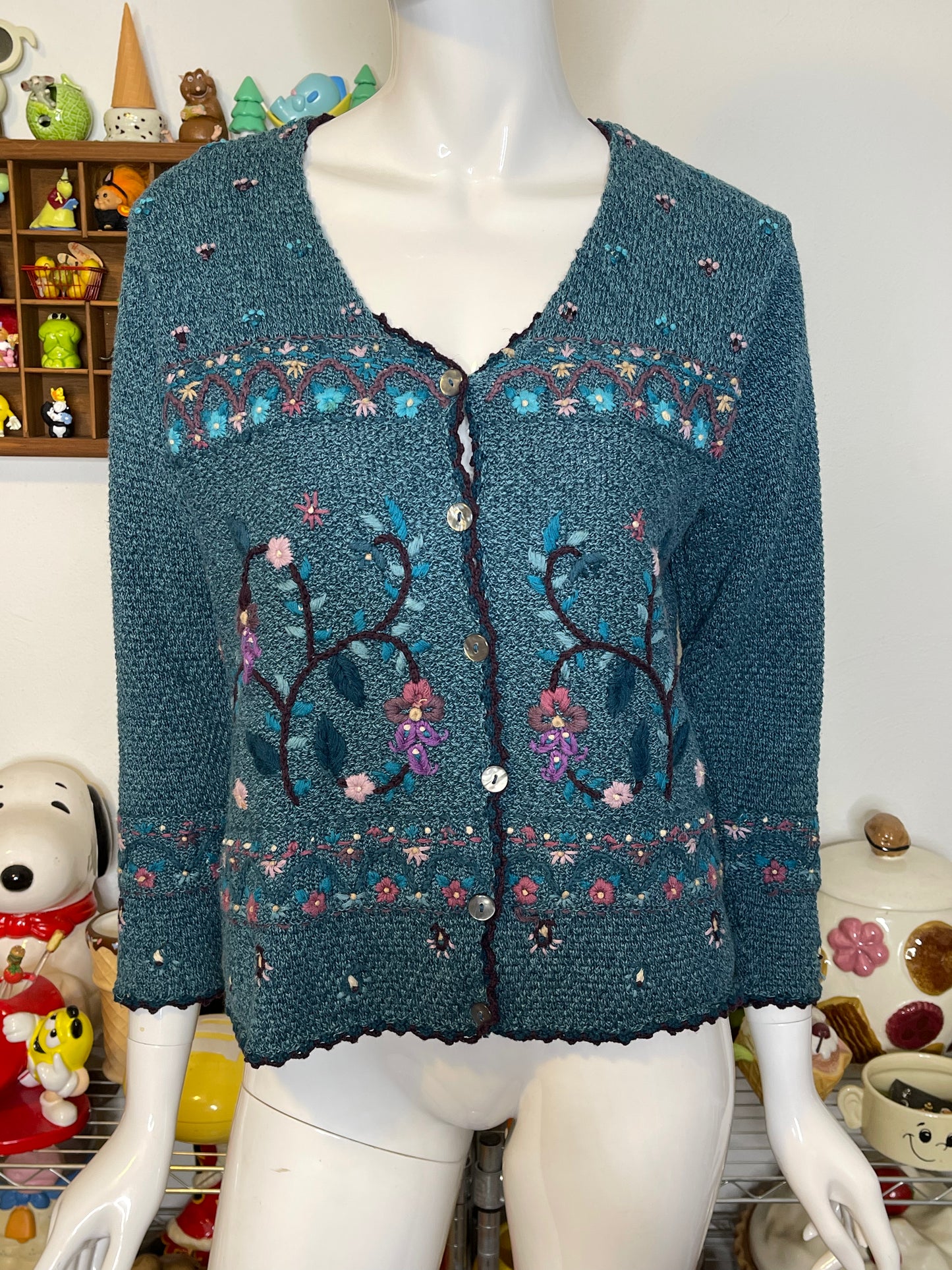 Vintage 2000s Blue Flower Knit Cardigan Sz XS/P