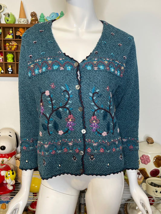 Vintage 2000s Blue Flower Knit Cardigan Sz XS/P