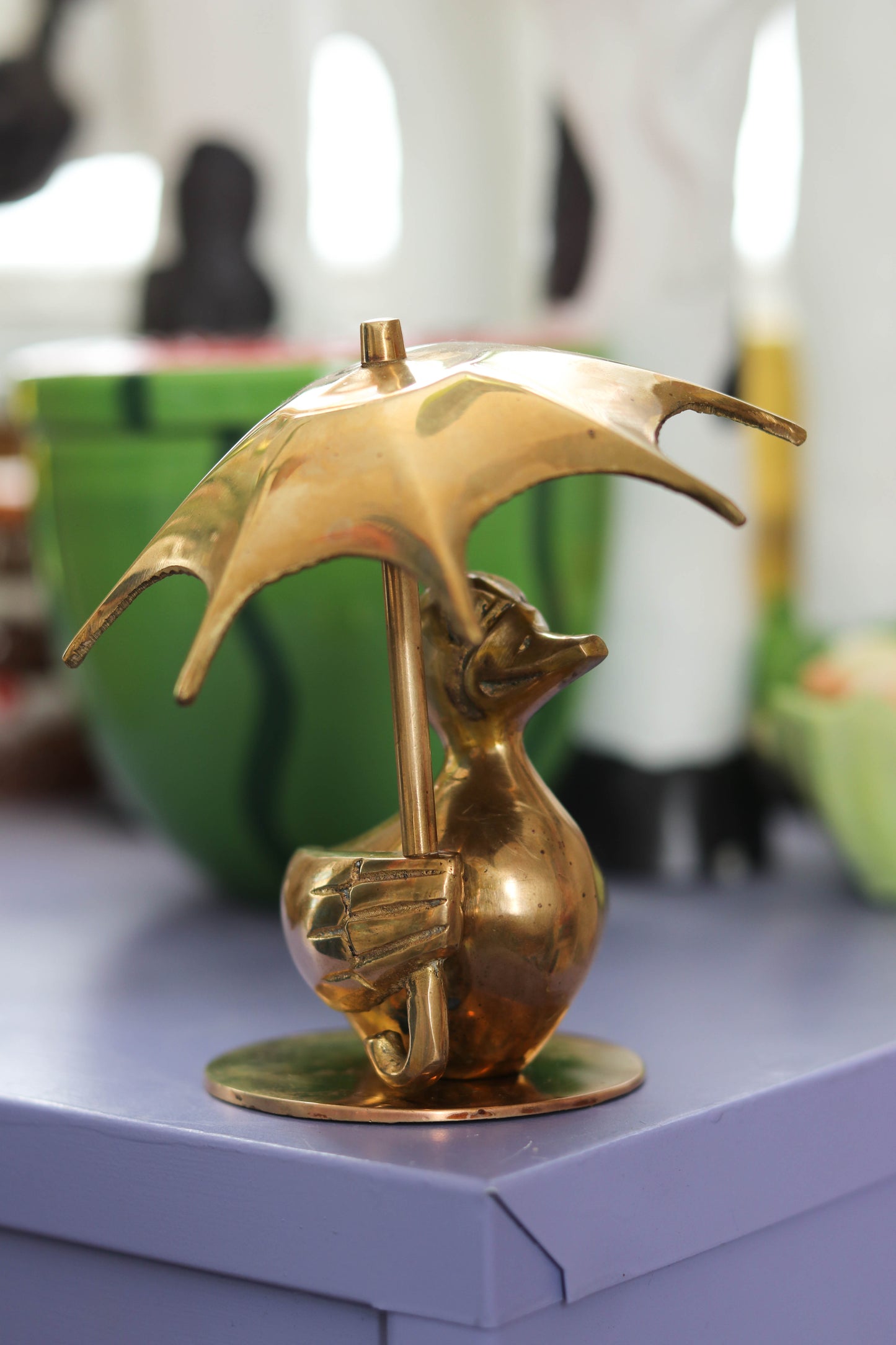 Vintage Solid Brass Duck Holding Umbrella Figurine (B)