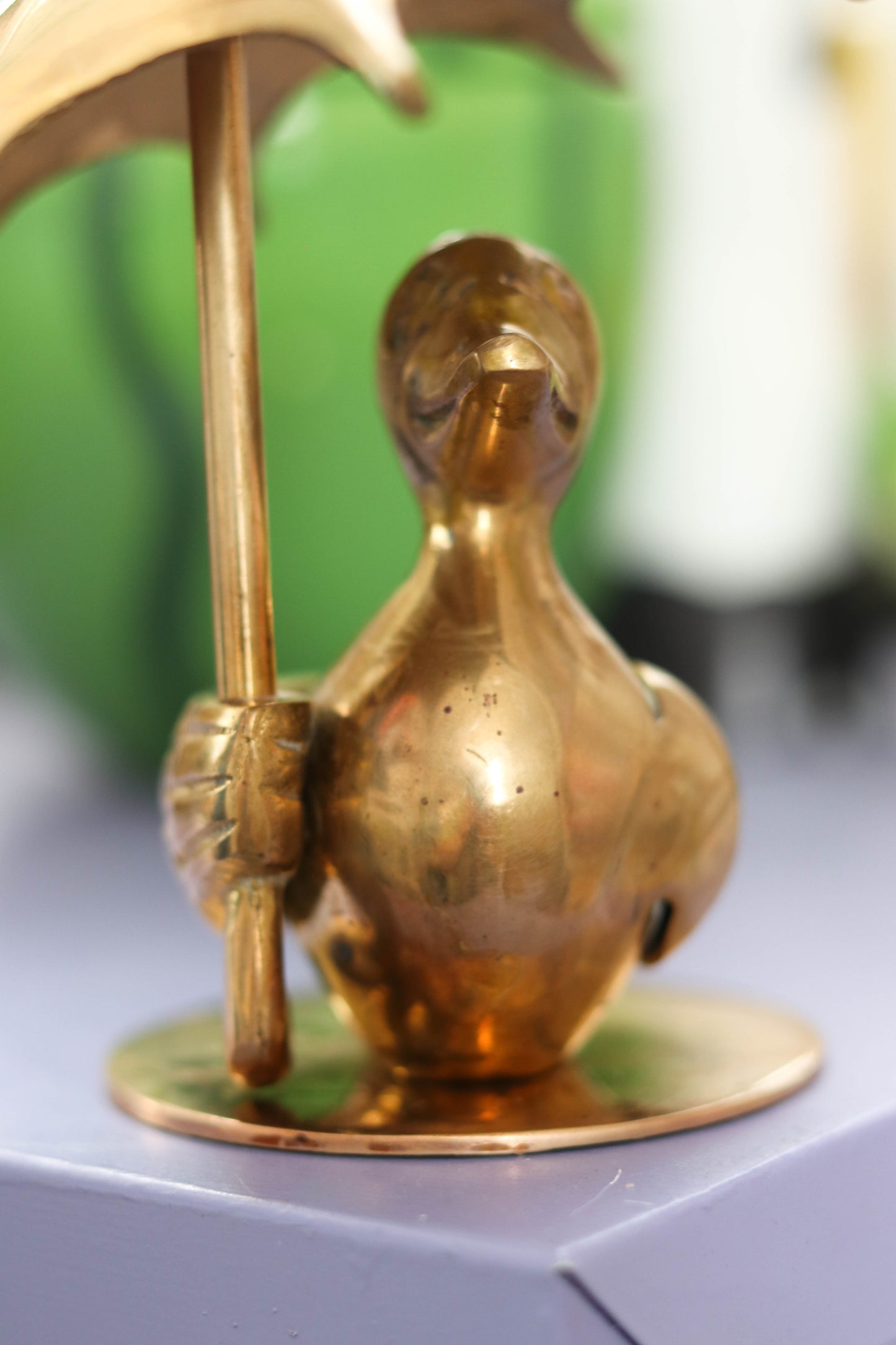 Vintage Solid Brass Duck Holding Umbrella Figurine (B)