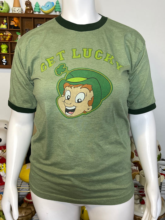 Vintage 2000s Green "Get Lucky" Graphic Ringer tee Sz XL