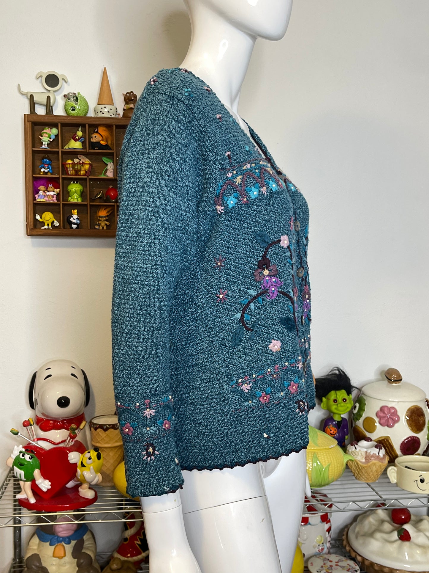 Vintage 2000s Blue Flower Knit Cardigan Sz XS/P