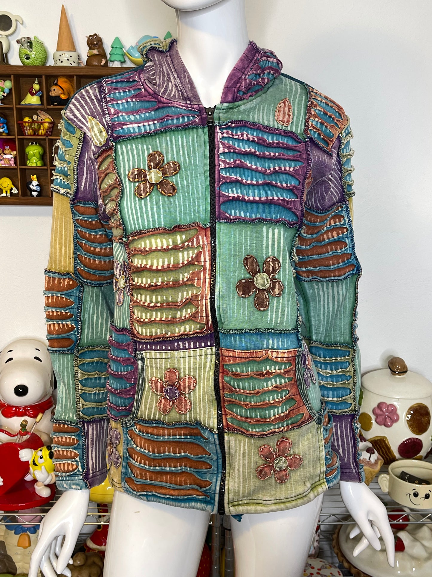 Tie-dye Patchwork Distressed Flowers Zip-up Hoodie Sz M/L