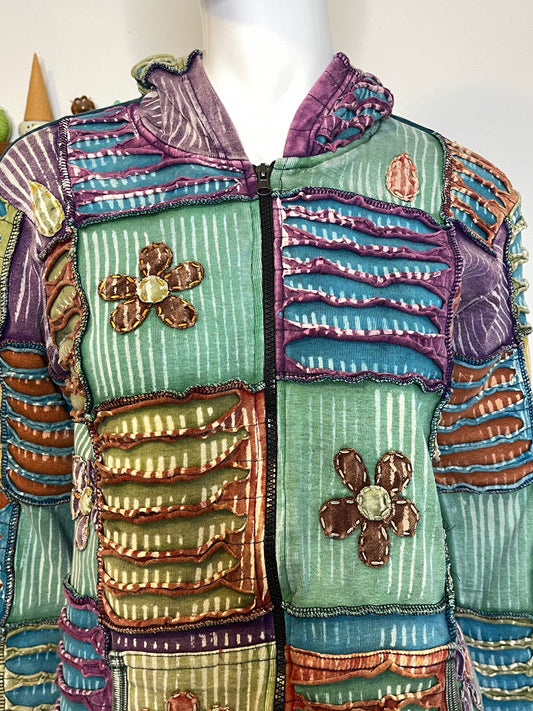 Tie-dye Patchwork Distressed Flowers Zip-up Hoodie Sz M/L