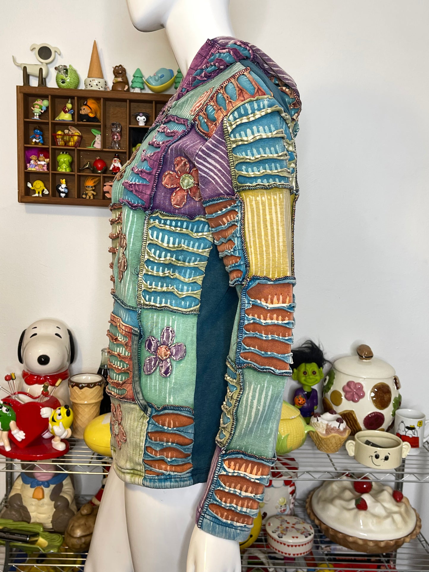 Tie-dye Patchwork Distressed Flowers Zip-up Hoodie Sz M/L