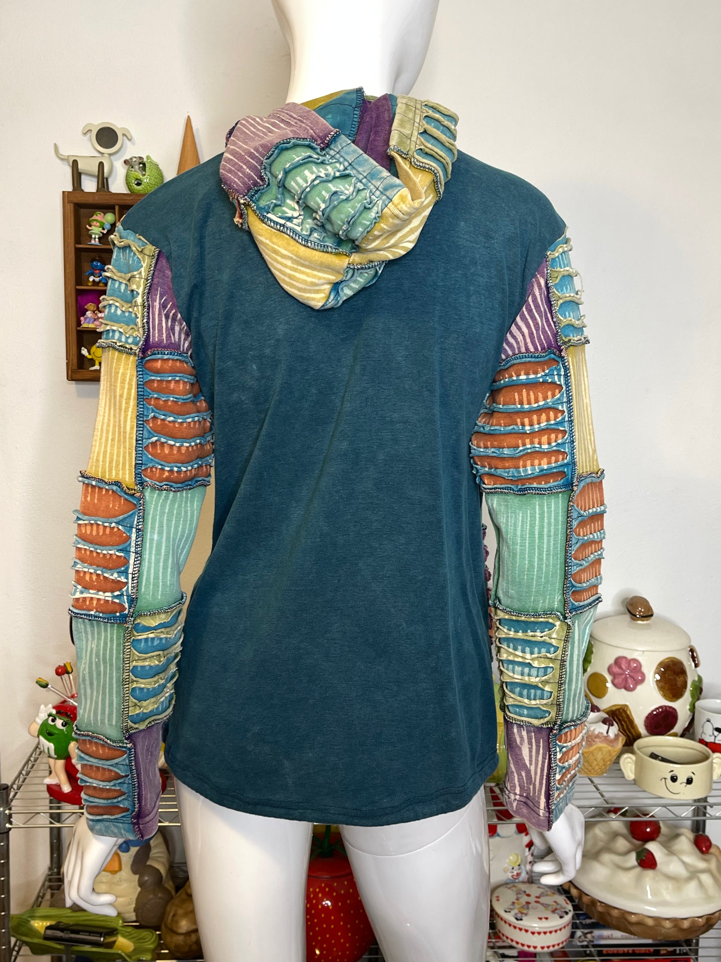 Tie-dye Patchwork Distressed Flowers Zip-up Hoodie Sz M/L