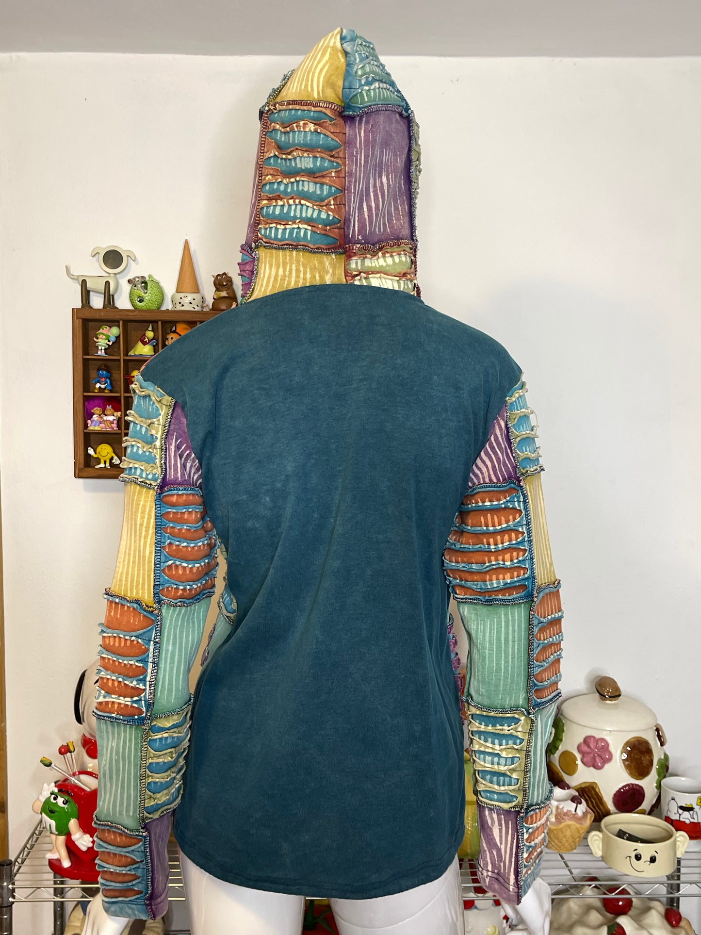 Tie-dye Patchwork Distressed Flowers Zip-up Hoodie Sz M/L