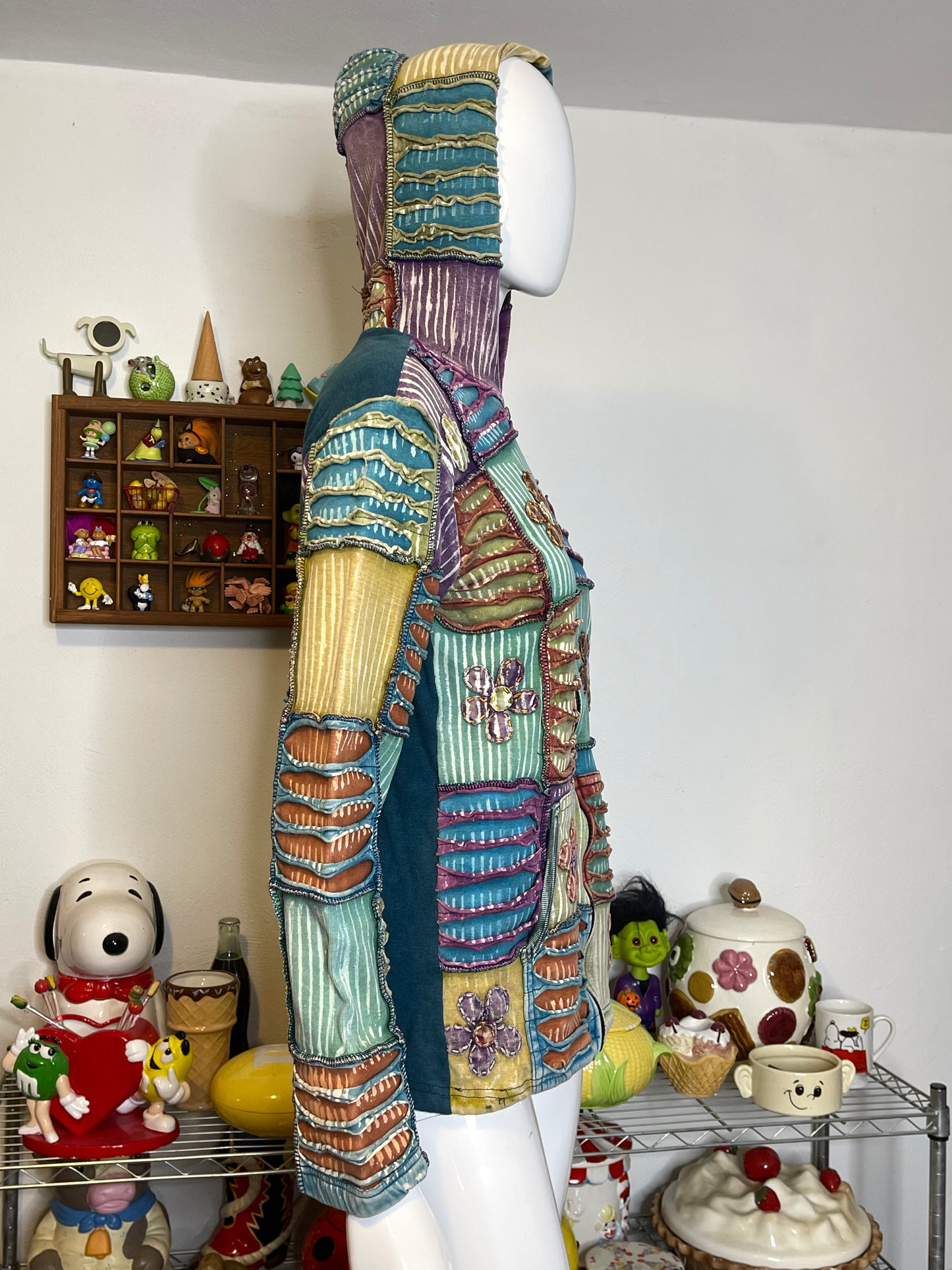 Tie-dye Patchwork Distressed Flowers Zip-up Hoodie Sz M/L