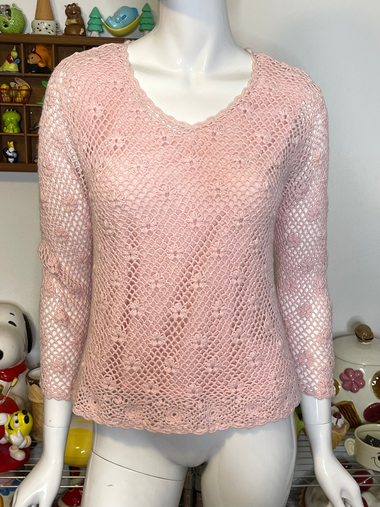2000s Baby Pink 2pc Flower Crochet Cropped Sleeve Top Sz M