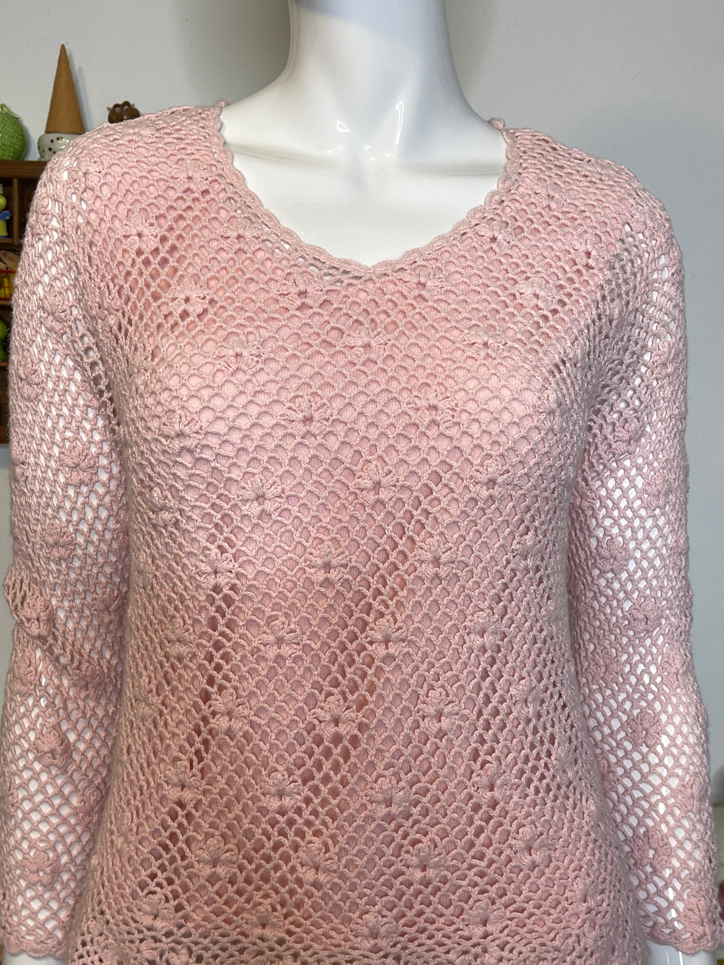 2000s Baby Pink 2pc Flower Crochet Cropped Sleeve Top Sz M