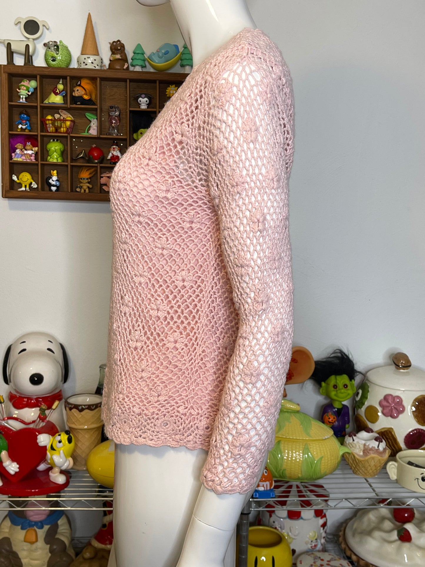 2000s Baby Pink 2pc Flower Crochet Cropped Sleeve Top Sz M