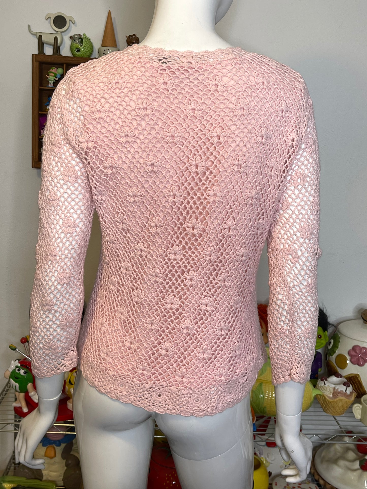 2000s Baby Pink 2pc Flower Crochet Cropped Sleeve Top Sz M