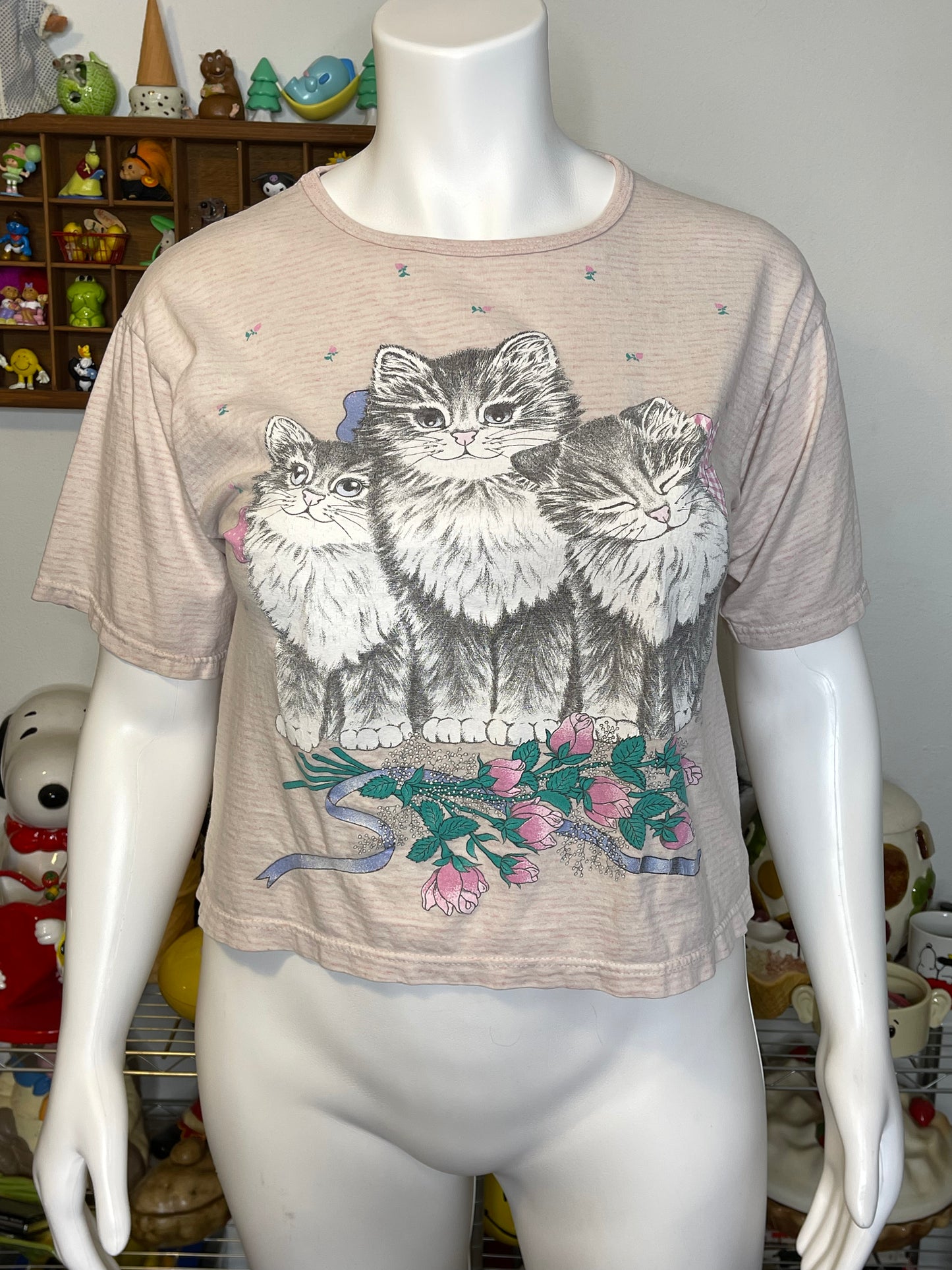 Vintage 90s Pale Pink Striped Kitten Graphic Tee Sz L