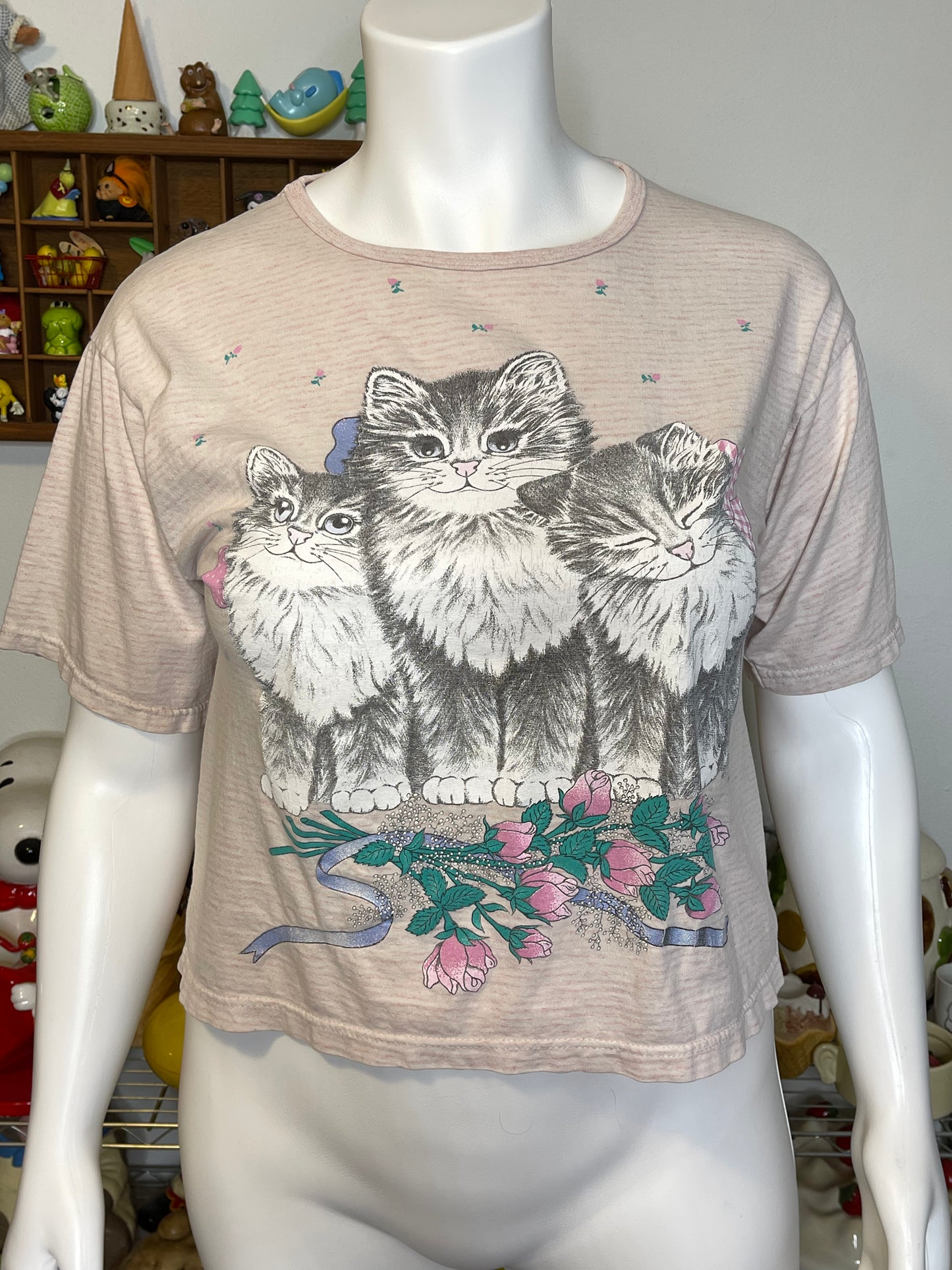 Vintage 90s Pale Pink Striped Kitten Graphic Tee Sz L